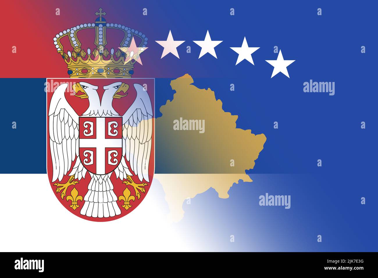 Kosovo-Serbia. Conflitto tra Kosovo e Serbia concetto di guerra. Bandiera del Kosovo e bandiera della Serbia sfondo. Design orizzontale. Design astratto. Foto Stock