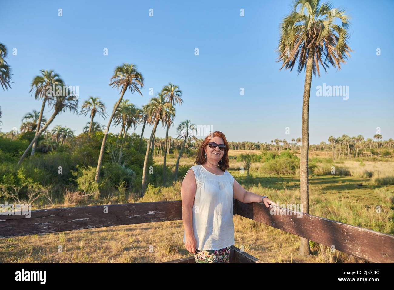 Donna ispanica matura in un punto di vista nel Parco Nazionale di El Palmar, in Entre Rios, Argentina, un'area protetta dove si trova l'endemica palmtree di Butia yatay Foto Stock