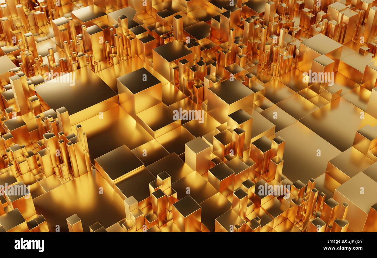 Sfondo astratto color oro quadrato. Diverse misure cubi oro metallizzato motivo. 3D rappresentazione illustrazione Foto Stock