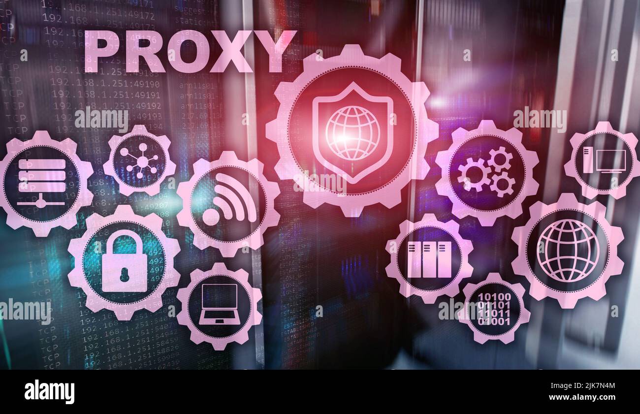Server proxy. Cyber security. Concetto di sicurezza della rete su schermo virtuale. La sala server sullo sfondo Foto Stock