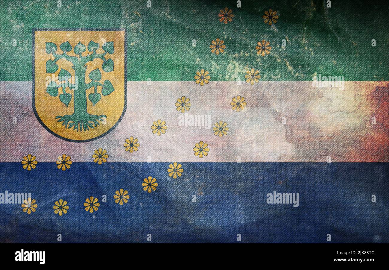 Vista dall'alto della bandiera retrò Borne Sulinowo, Polonia con grana grunge. Viaggio polacco e patriota concetto. Nessun flagpole. Layout del piano, progettazione. Bandiera backgrou Foto Stock
