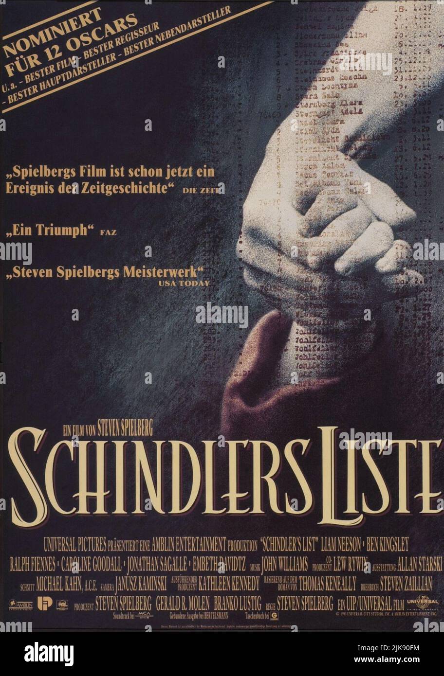 Movie poster Film Schindler'S List (USA 1993) regista: Steven Spielberg 30 novembre 1993 **ATTENZIONE** questa fotografia è ad uso esclusivamente editoriale ed è copyright di UNIVERSAL e/o del fotografo assegnato dalla Film o Production Company e può essere riprodotta solo da pubblicazioni in concomitanza con la promozione del suddetto Film. È richiesto un credito obbligatorio a UNIVERSAL. Il fotografo deve essere accreditato anche se conosciuto. Nessun uso commerciale può essere concesso senza l'autorizzazione scritta di The Film Company. Foto Stock