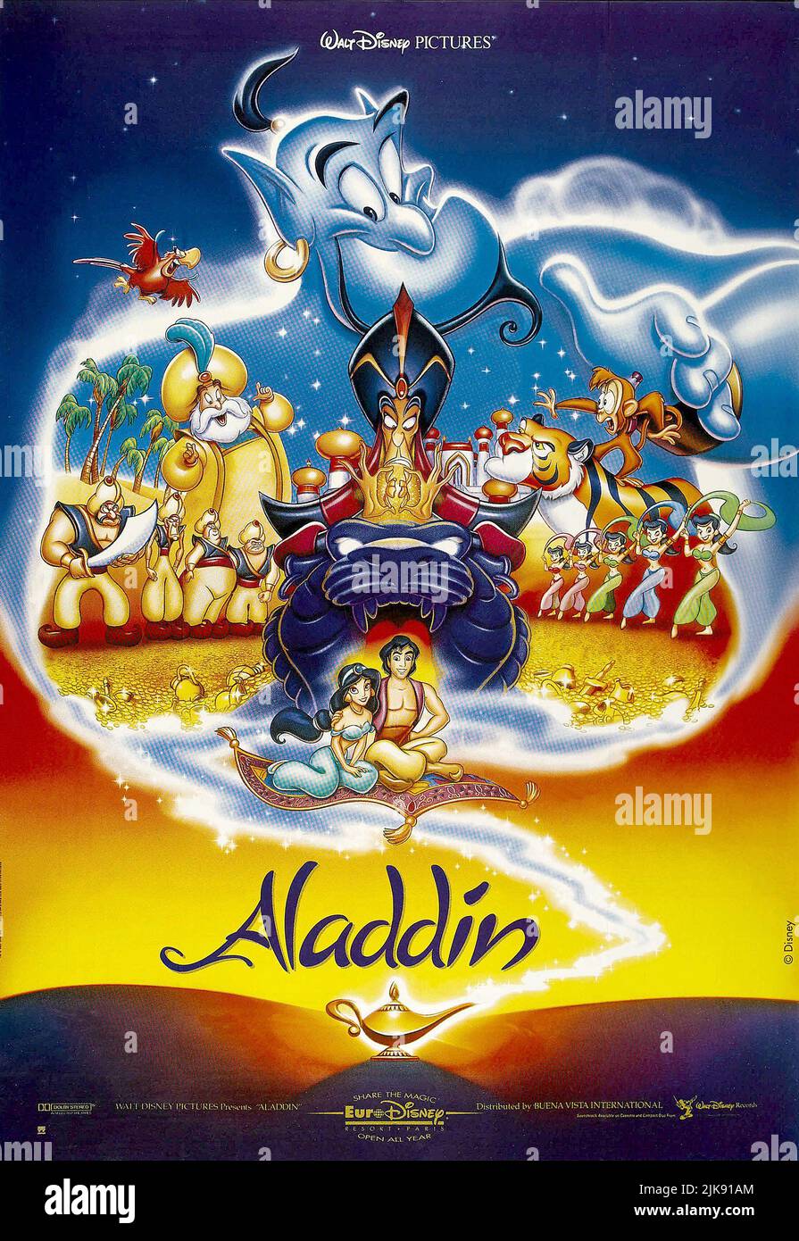 Iago, la Genie, il Sultano, Jafar, Rajah, Abu, Princess Jasmine & Aladdin  Film Poster Film: Aladdin (USA 1992) regista: Ron Clements & John Musker 08  novembre 1992 **AVVISO** questa fotografia è solo