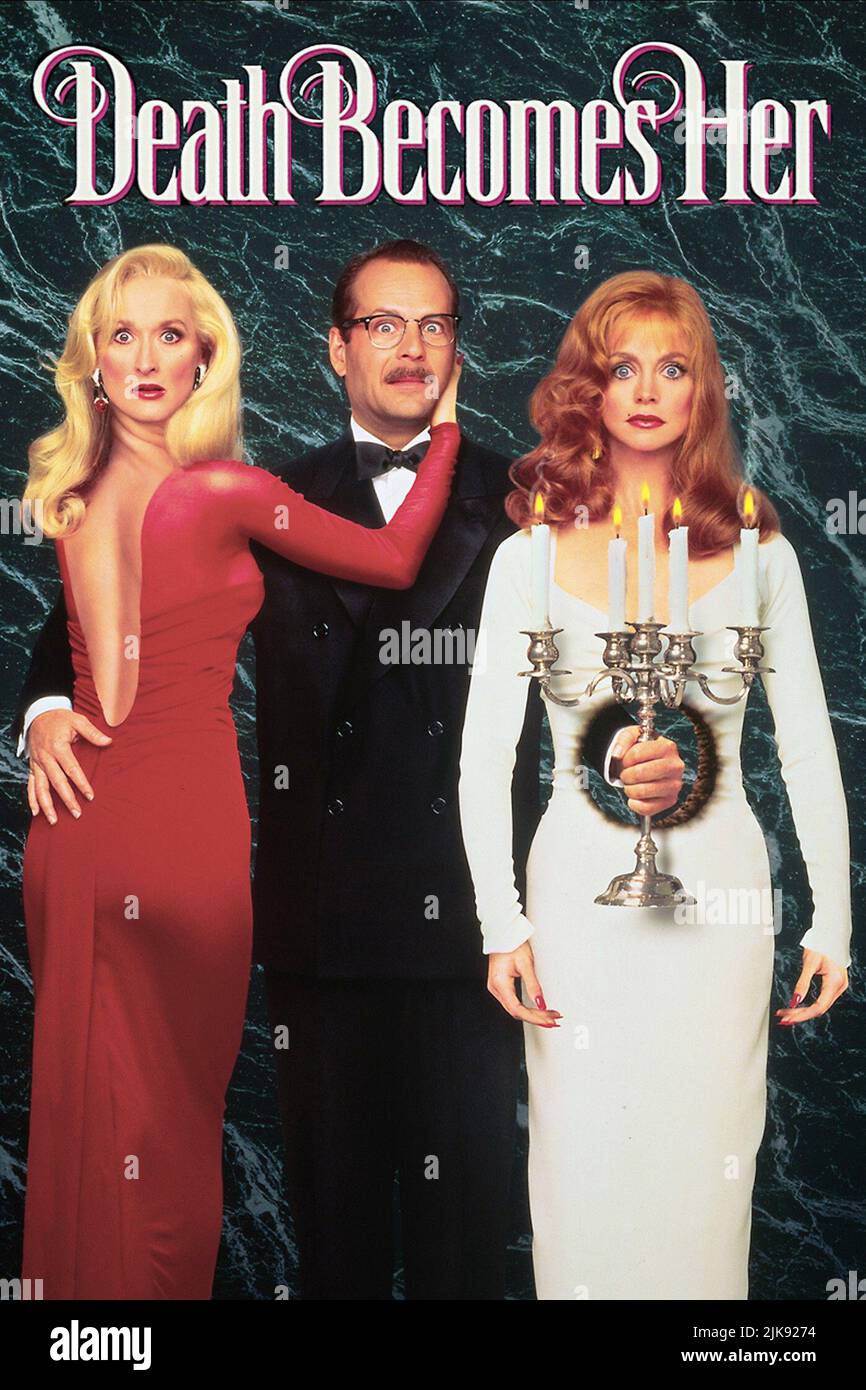 Meryl Streep, Bruce Willis & Goldie Hawn Poster Film: Death Become Her (USA 1992) personaggi: Madeline Ashton, Dr. Ernest Menville, Helen Sharp regista: Robert Zemeckis 31 luglio 1992 **AVVISO** questa fotografia è solo per uso editoriale ed è il copyright di UNIVERSAL e/o del fotografo assegnato dalla Film o dalla Società di produzione e può essere riprodotto solo da pubblicazioni in concomitanza con la promozione del suddetto Film. È richiesto un credito obbligatorio per UNIVERSAL. Il fotografo deve essere accreditato anche quando è noto. Nessun uso commerciale può essere concesso senza autorizzazione scritta da parte di Foto Stock