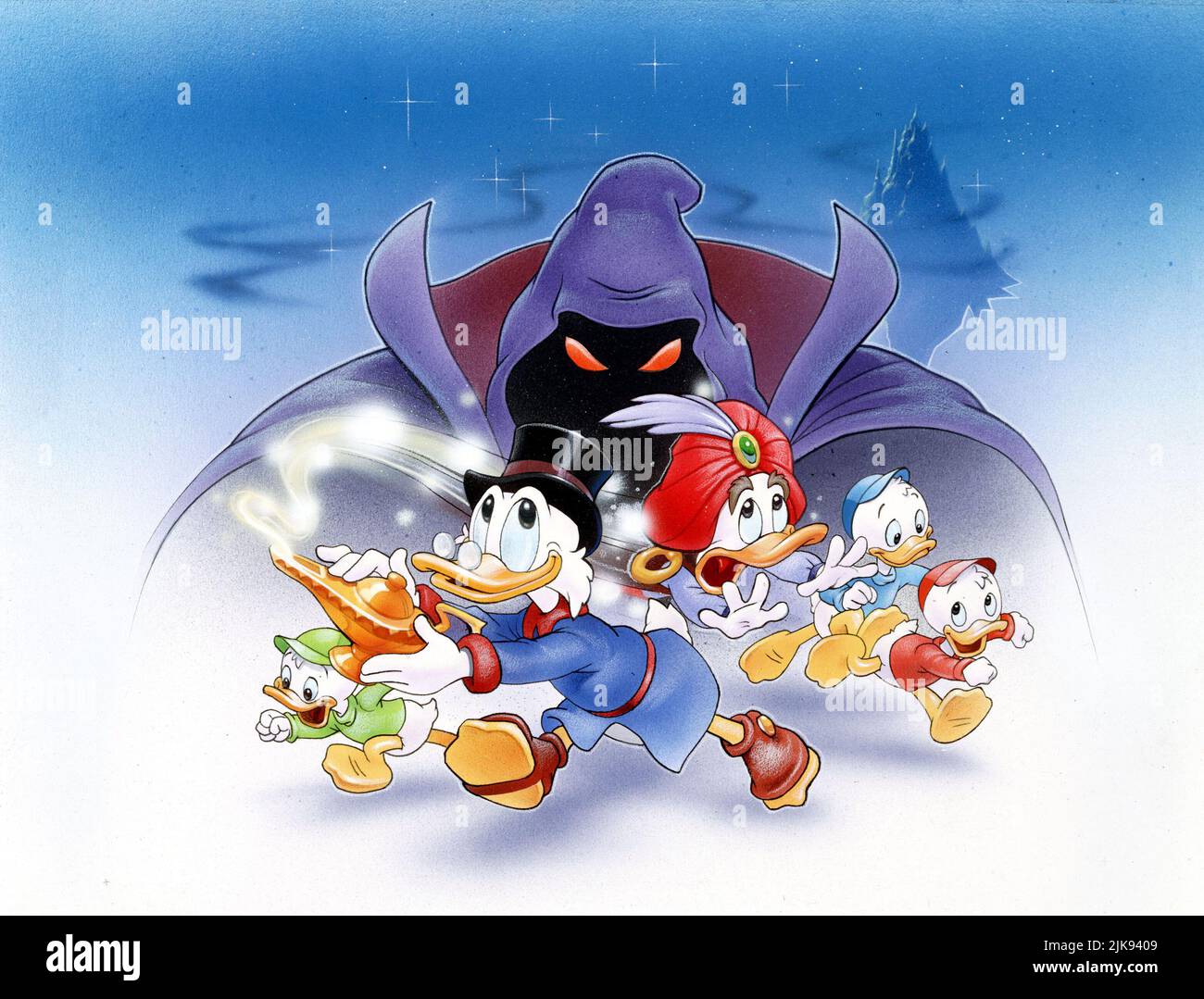 Louie Duck, Scrooge McDuck, Merlock, Genie, Dewey Duck & Huey Duck Film: Ducktales il film: Tesoro della Lost Lamp (USA/FR 1990) regista: Bob Hathcock 03 Agosto 1990 **ATTENZIONE** questa foto è solo per uso editoriale ed è il copyright delle IMMAGINI DI WALT DISNEY e/o del fotografo assegnato dalla Film o dalla Società di produzione e può essere riprodotto solo da pubblicazioni in concomitanza con la promozione del suddetto Film. È richiesto un credito obbligatorio per LE IMMAGINI DI WALT DISNEY. Il fotografo deve essere accreditato anche quando è noto. Nessun uso commerciale può essere concesso senza autorizzazione scritta Foto Stock