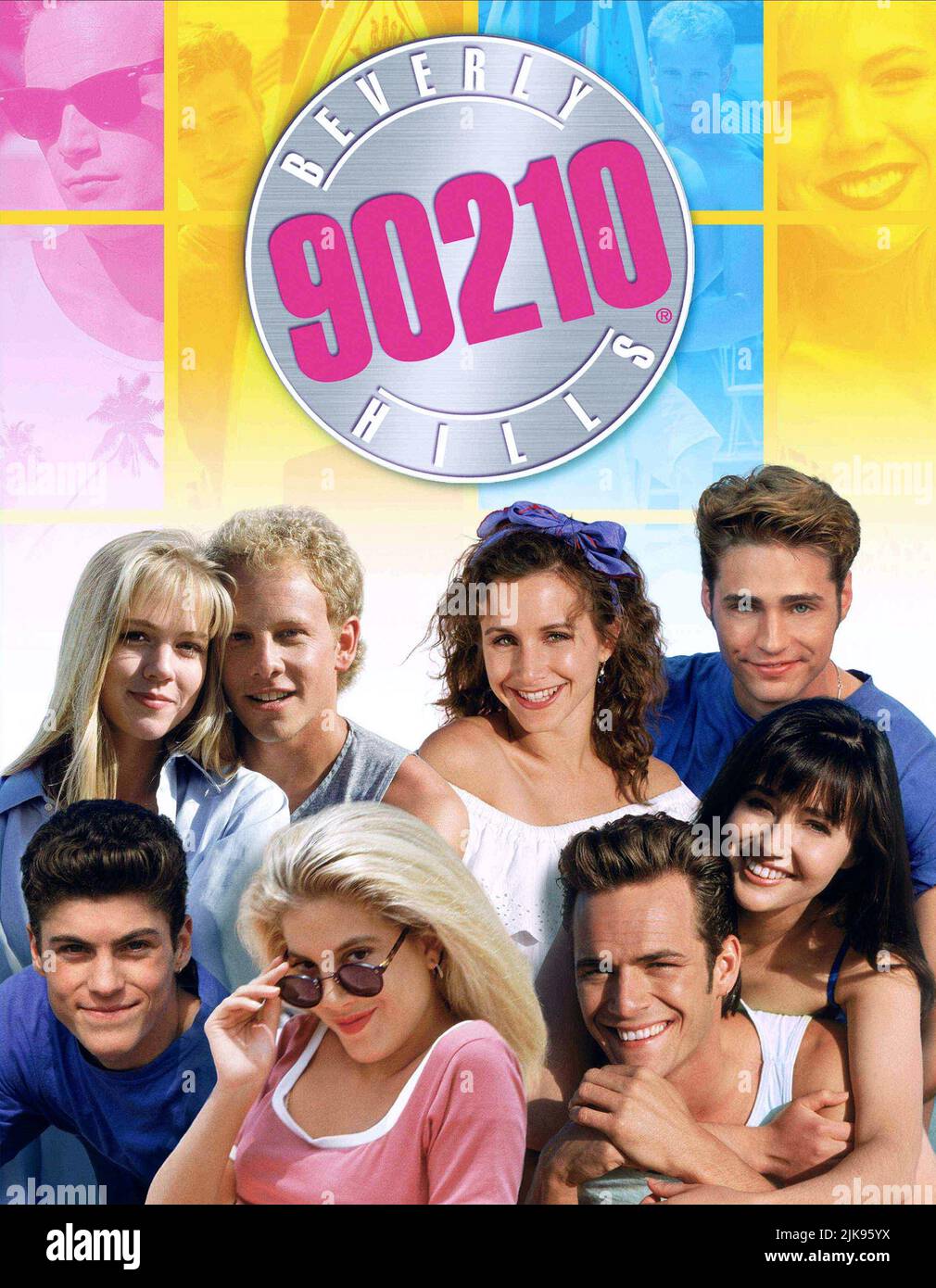 Jennie Garth, Brian Austin Green, Ian Ziering, Tori Spelling, Gabrielle Carteris, Luke Perry, Jason Priestley e Shannen Doherty Poster Televisione: Beverly Hills, 90210 (TV-Serie) USA 1990–2000, 04 ottobre 1990 **ATTENZIONE** questa fotografia è ad uso esclusivamente editoriale ed è copyright della TELEVISIONE ORTOGRAFICA e/o del fotografo assegnato dalla Società di produzione e film e può essere riprodotta solo da pubblicazioni in concomitanza con la promozione del suddetto Film. È richiesto un credito obbligatorio per LA SCRITTURA ORTOGRAFICA DELLA TELEVISIONE. Il fotografo deve essere accreditato anche quando è noto. Nessun uso commerciale Foto Stock