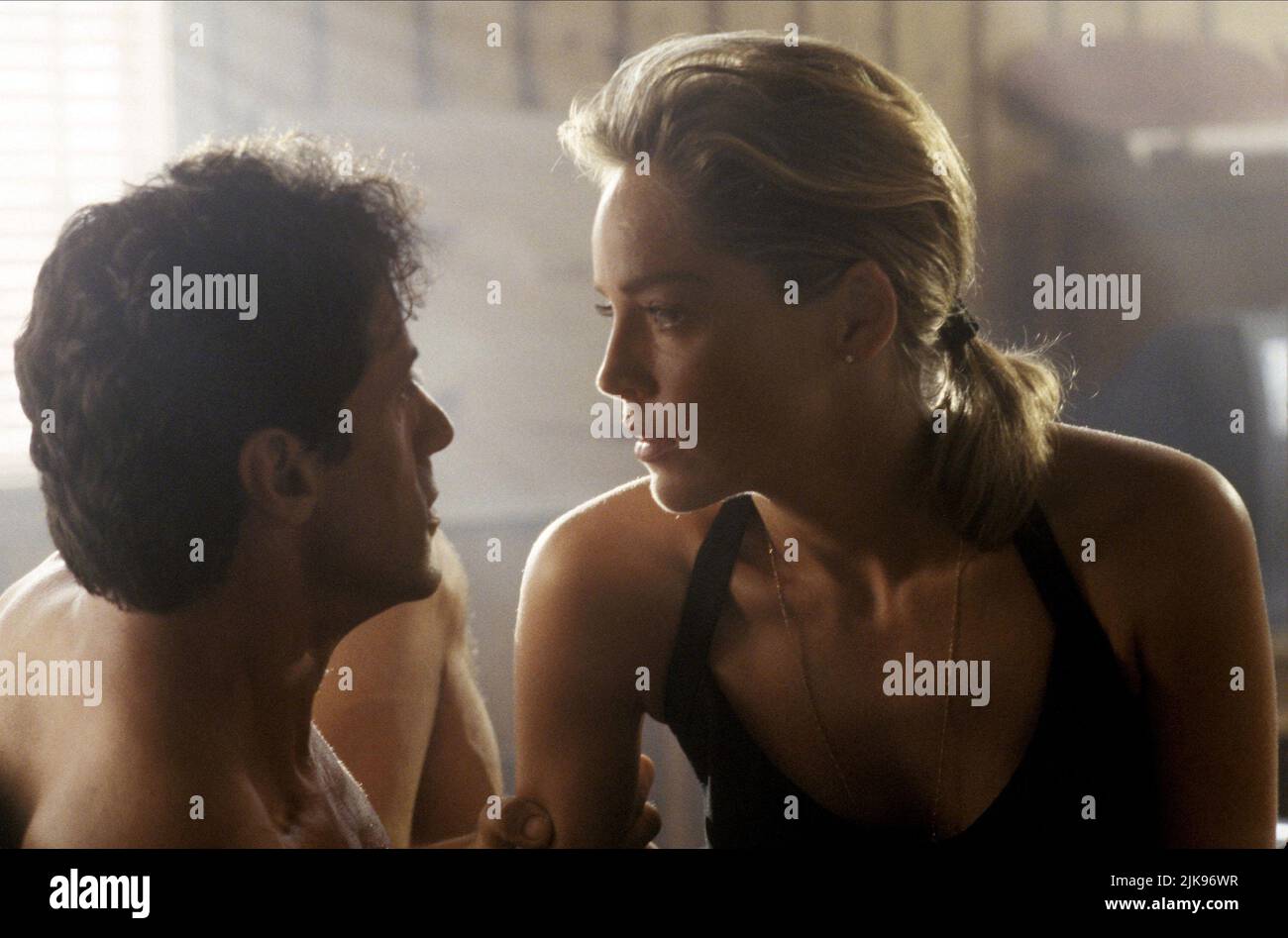 Sylvester Stallone & Sharon Stone Film: The Specialist (1994) personaggi: Ray Quick, May Munro (alias Adrian Hastings) regista: Luis Llosa 07 ottobre 1994 **AVVISO** questa fotografia è solo per uso editoriale ed è copyright di WARNER BROS e/o del fotografo assegnato dalla Film o dalla Production Company e può essere riprodotta solo da pubblicazioni in concomitanza con la promozione del suddetto Film. È richiesto un credito obbligatorio per WARNER BROS. Il fotografo deve essere accreditato anche quando è noto. Nessun uso commerciale può essere concesso senza l'autorizzazione scritta della Film Company. Foto Stock