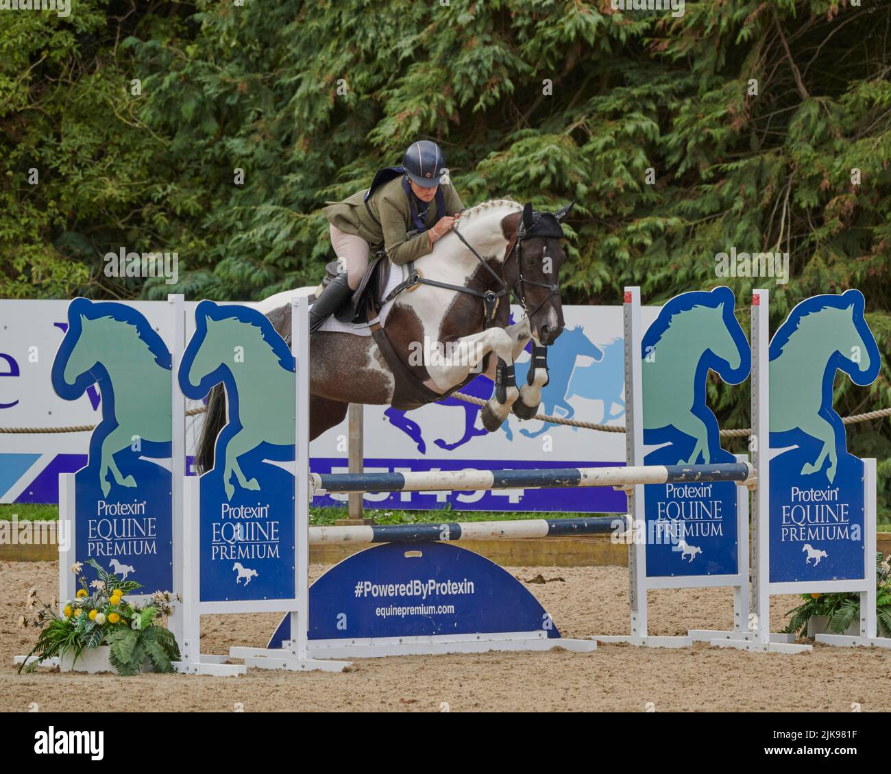 East Budleigh Salterton, Regno Unito, 31 Lug, 2022, Charlotte Rowe guida Langaller Blue Moon nella sezione showjumping di Bicton Horse Trials a Bicton Horse Trials. Credit: Will Tudor/Alamy Live News Foto Stock