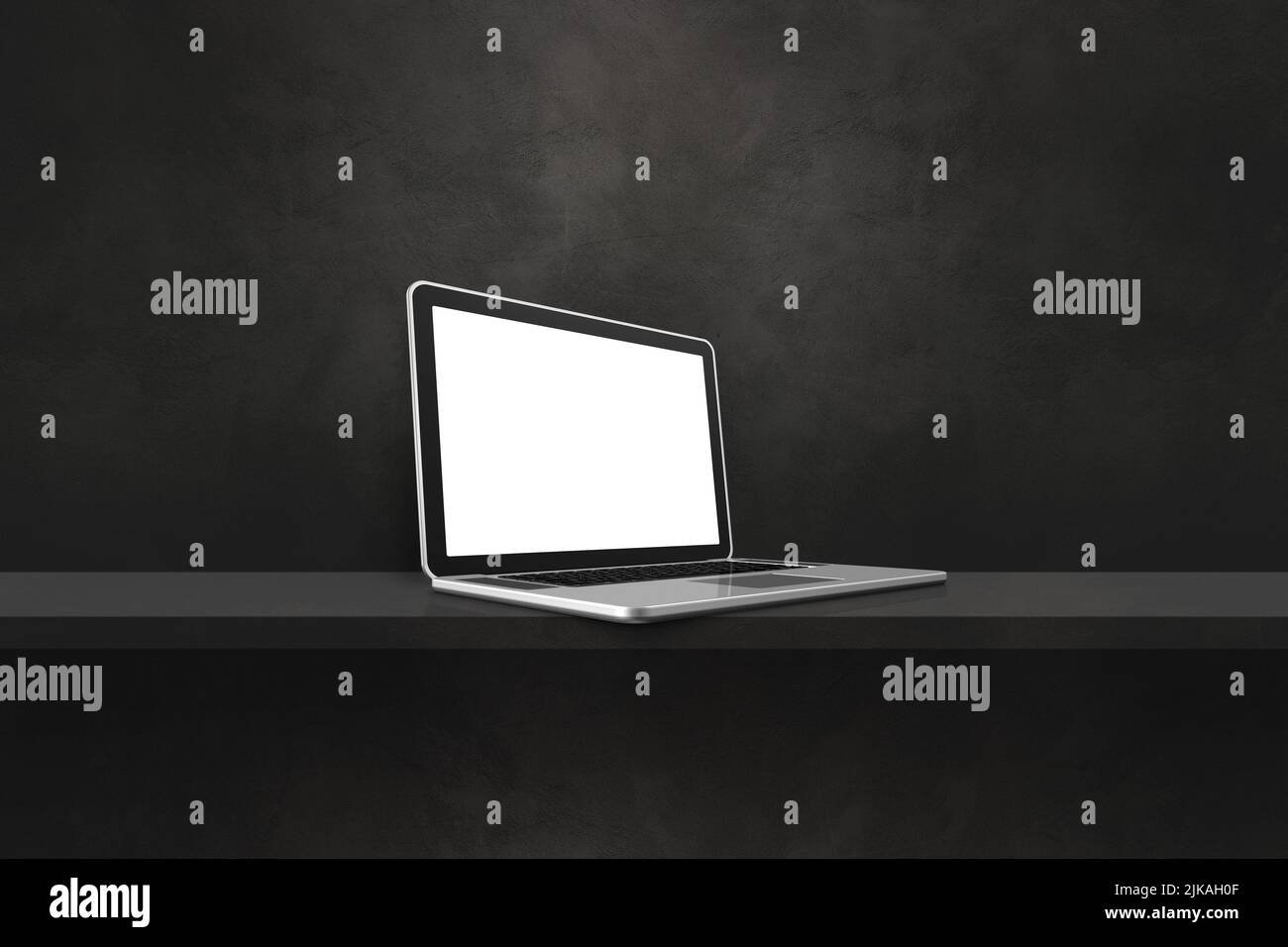 Computer portatile su sfondo nero dello scaffale. Illustrazione 3D Foto Stock