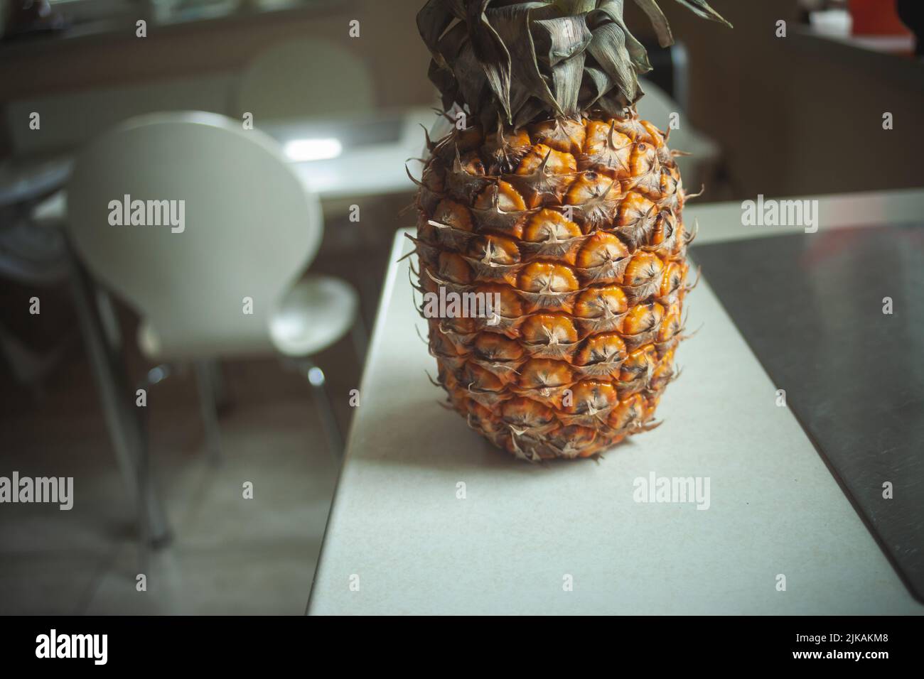 Frutta intera di ananas in piedi sul banco della cucina Foto Stock