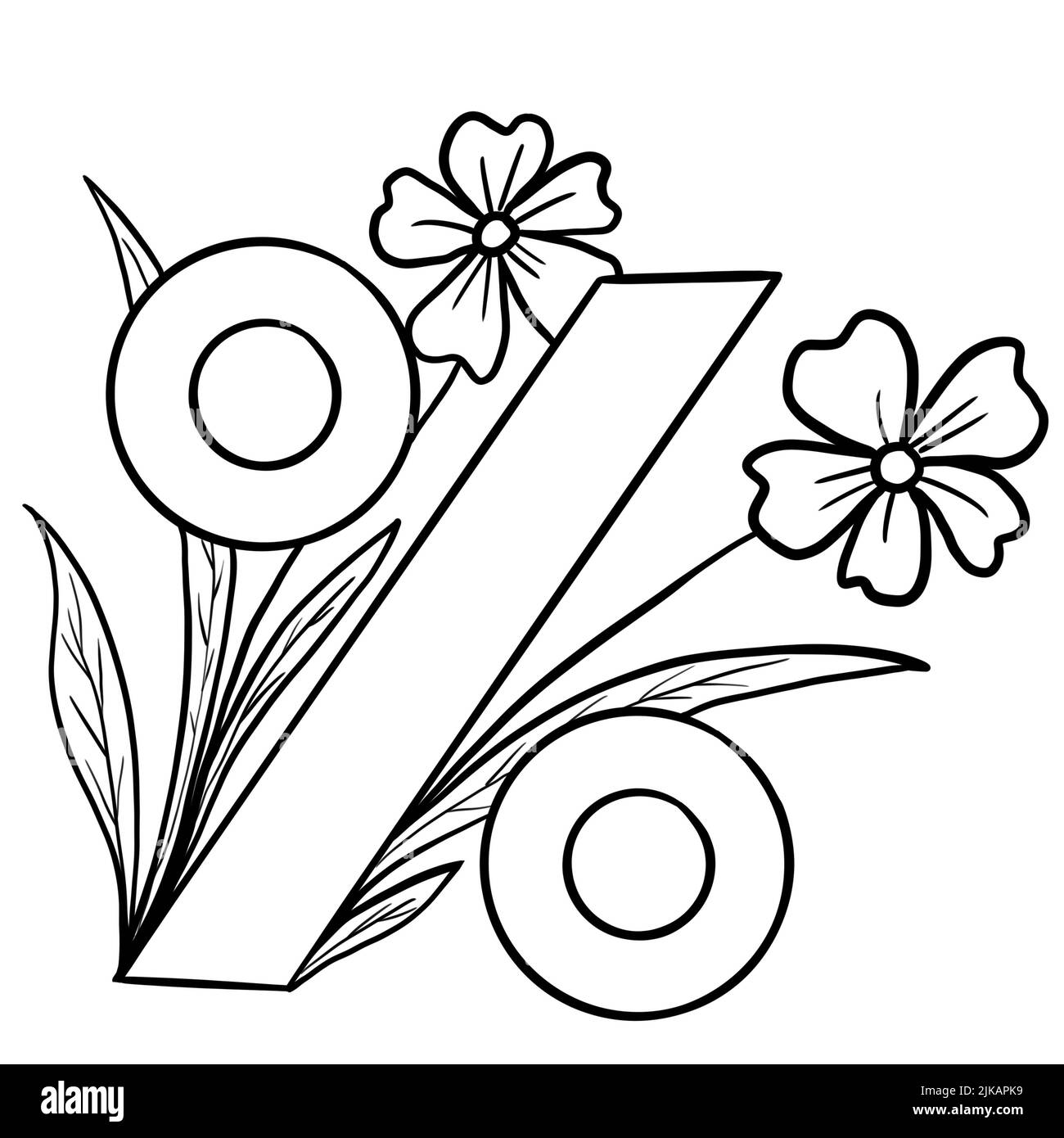 Percentuale di sconto vendita disegno con linea nera foglie fiori primavera estate floreale. Concetto di business in stile cartoon minimal foliage, stampa di commercio per il sito web Foto Stock