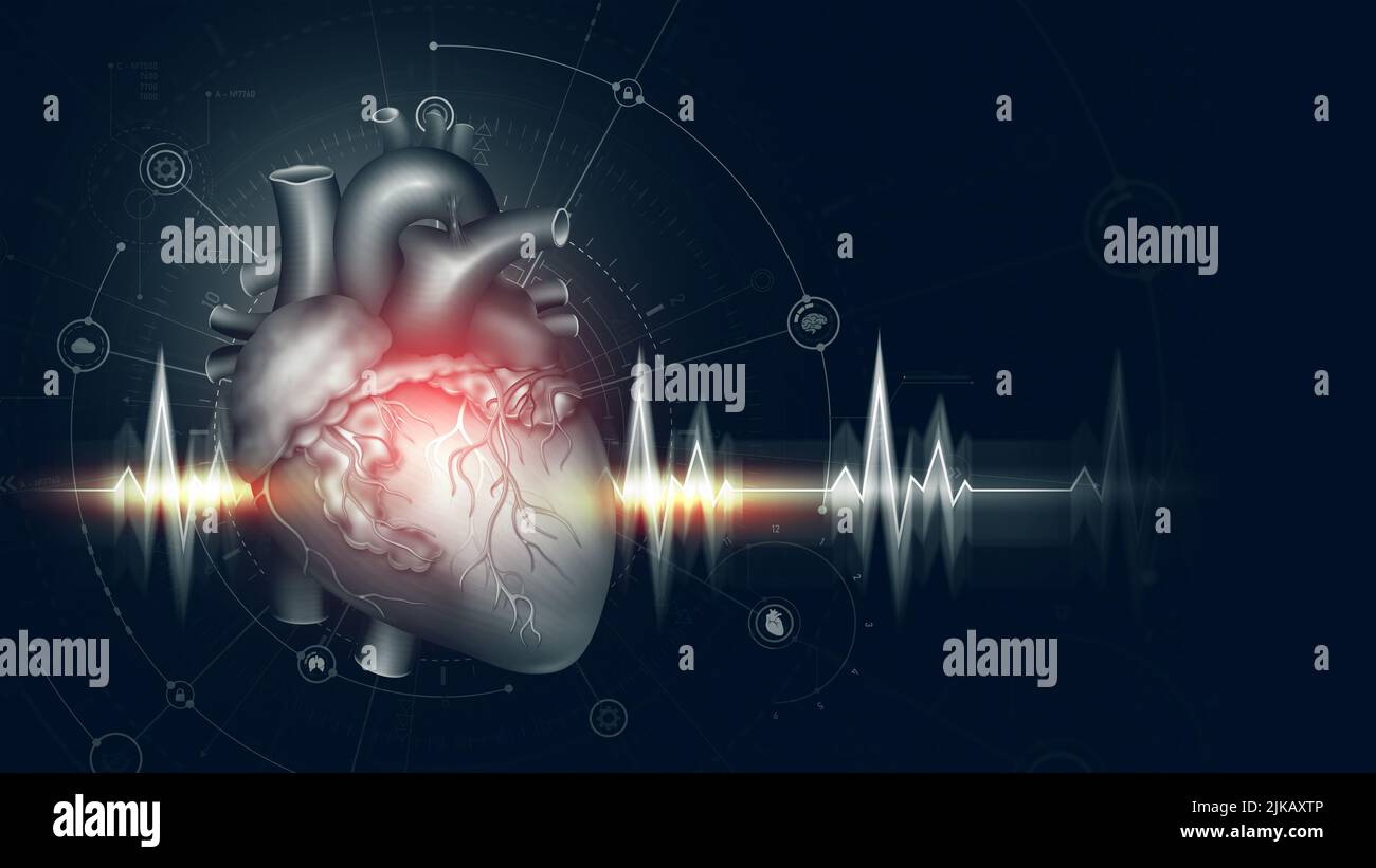 Cardiologia. Innovazione nella scienza. Illustrazione dell'anatomia del cuore umano 3D. Ricerca medica Hytech. Diagnostica online degli organi interni Foto Stock