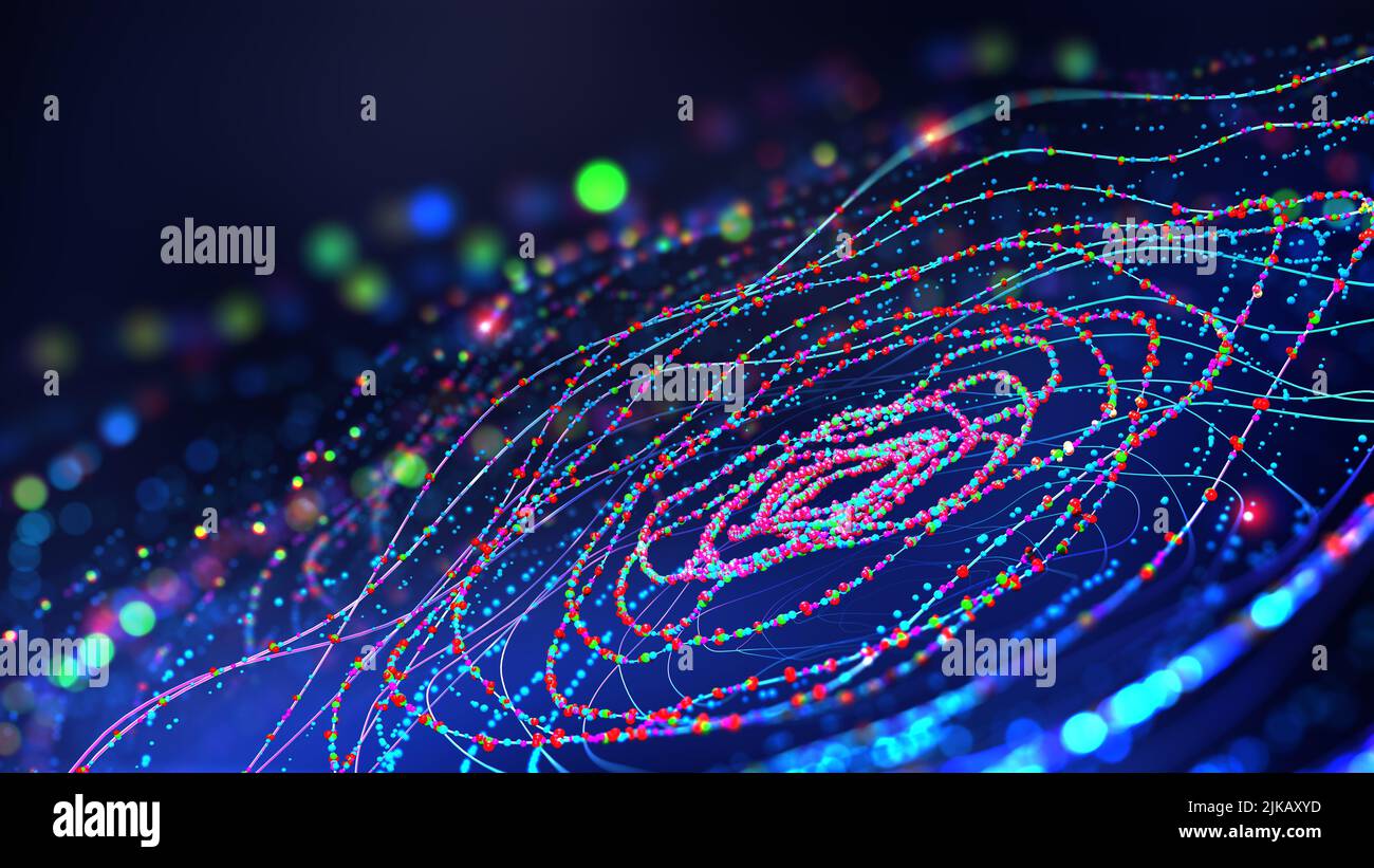 Big data. Tecnologie aziendali e digitali. Flusso di dati in un sistema sicuro. Sistemi wireless, globalizzazione. Analisi dei dati, tecnologia blockchain. 3D Foto Stock