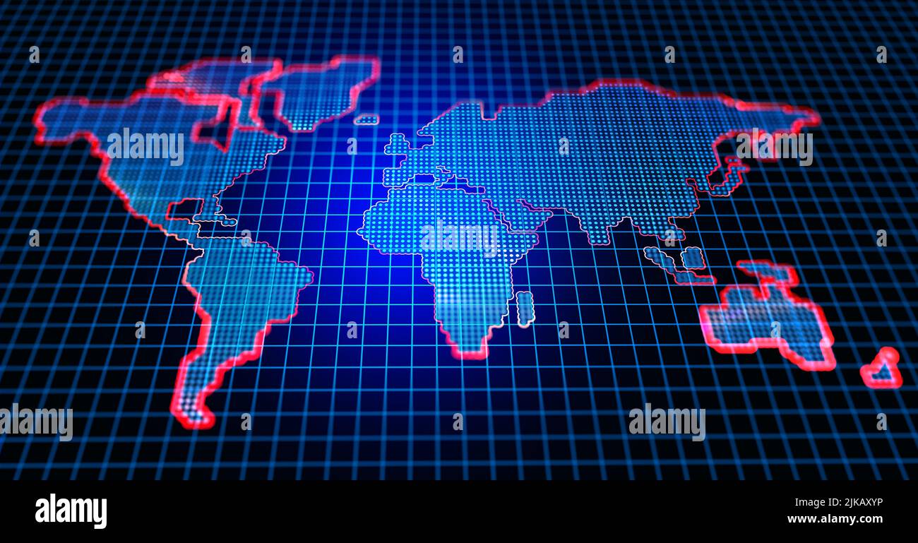 Mappa dei continenti, illustrazione high-tech 3D. Globalizzazione delle comunicazioni, rete planetaria, analisi delle tendenze mondiali. Big data cyberspace Foto Stock