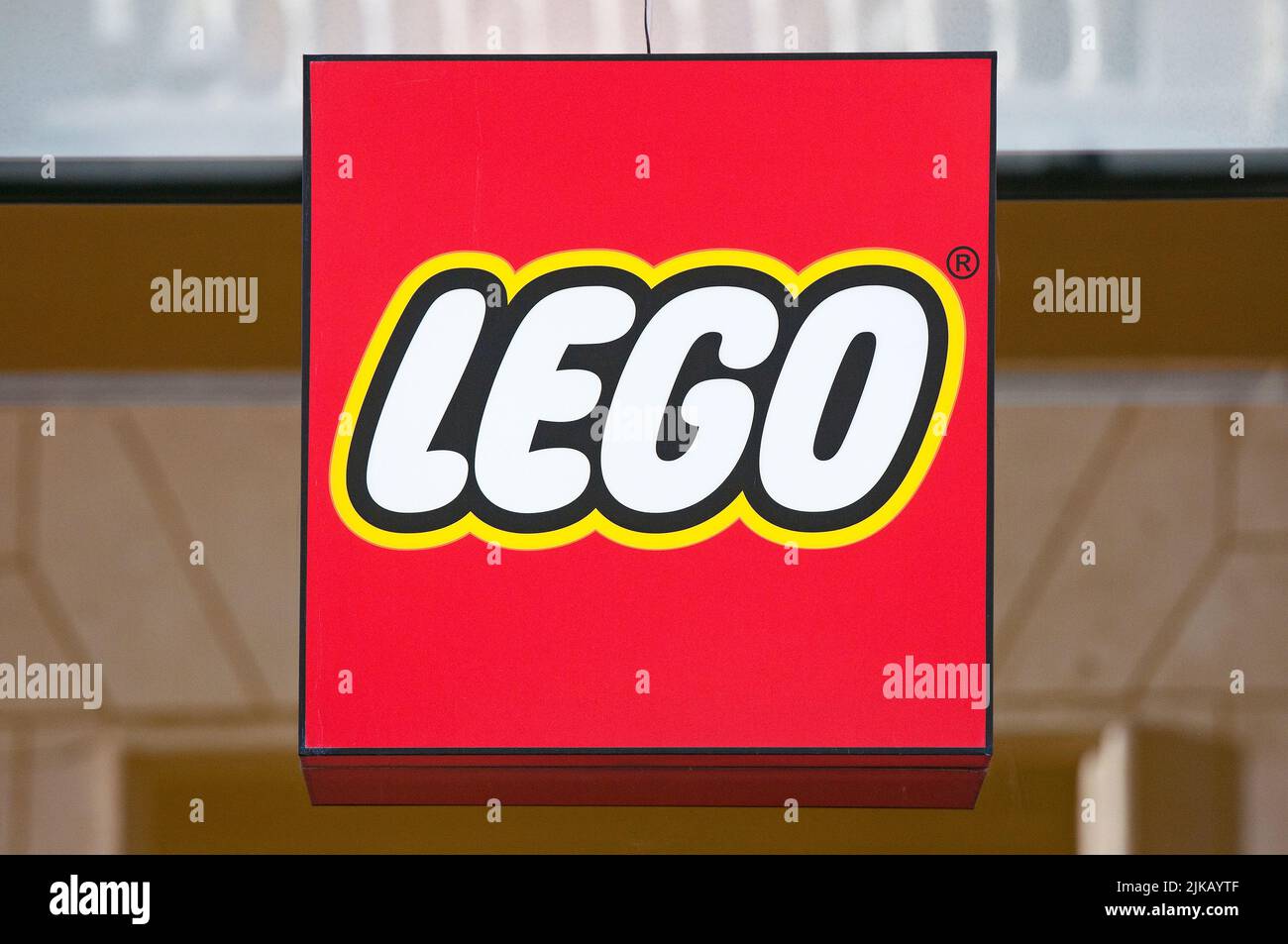 Segno del negozio Lego a Roma, Lazio, Italia Foto Stock