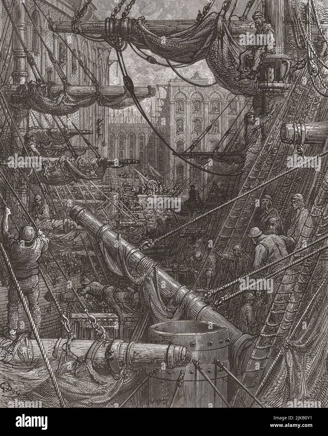 All'interno dei dock. Dopo un'illustrazione di Gustave Doré nell'edizione inglese 1872 di Londra: Un pellegrinaggio, scritto da Blanchard Jerrold e illustrato da Gustave Doré. Londra attracca nel 19th secolo. Foto Stock