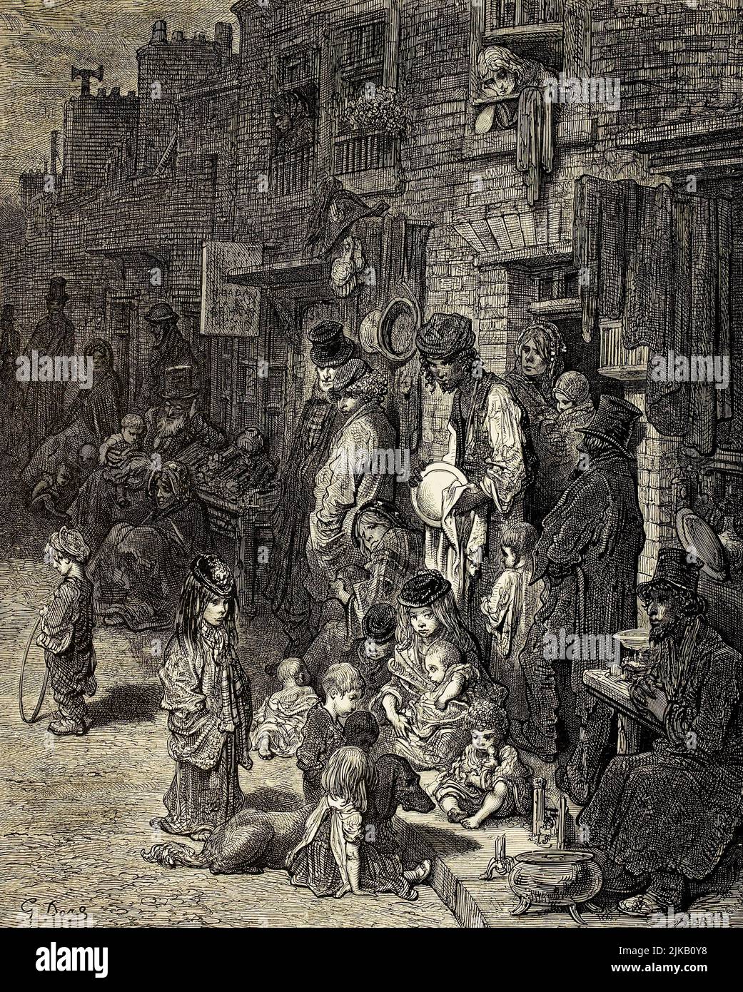 Wentworth Street, Whitechapel. Wentworth Street era tra le più povere e affollate a Whitechapel al tempo in cui Dore visitò Londra. Dopo un'illustrazione di Gustave Doré nell'edizione americana di Londra del 1890: Un pellegrinaggio, scritto da Blanchard Jerrold e illustrato da Gustave Doré. Foto Stock