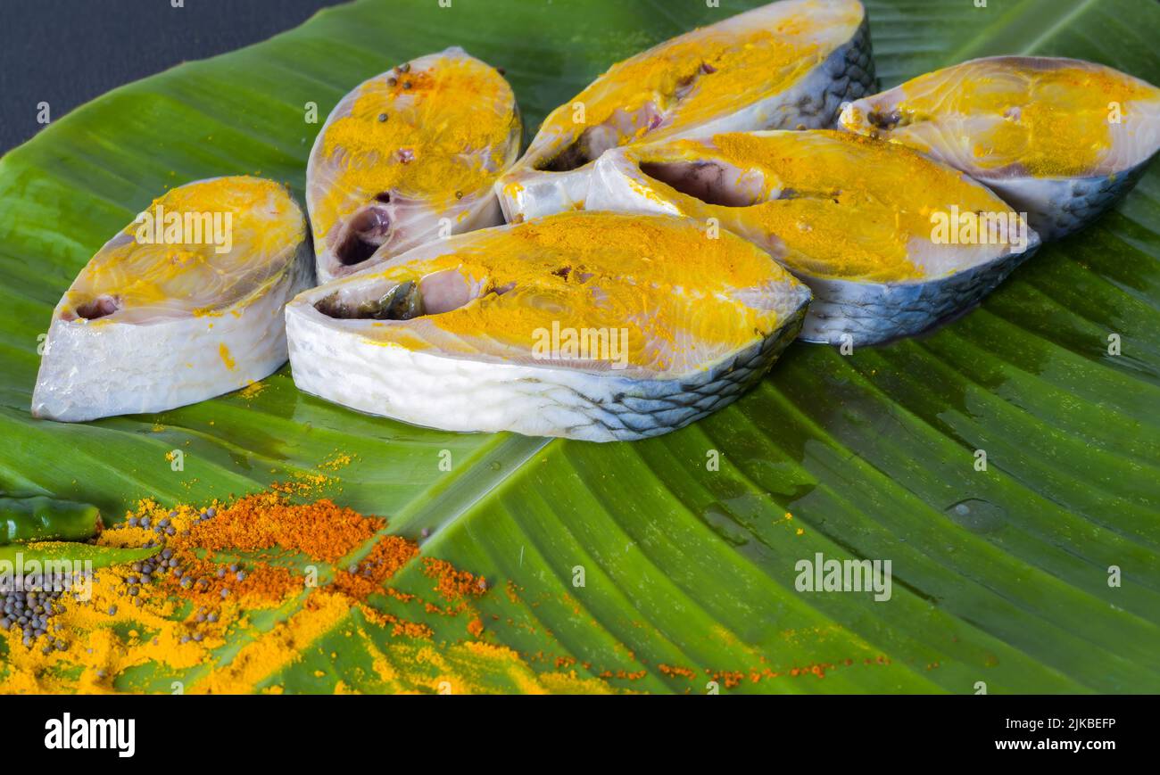 Pesce hilsa crudo tagliato a pezzi tenuto su foglia di banana per la cottura. Girato in studio con spazio copia sfondo e spezie. Foto Stock