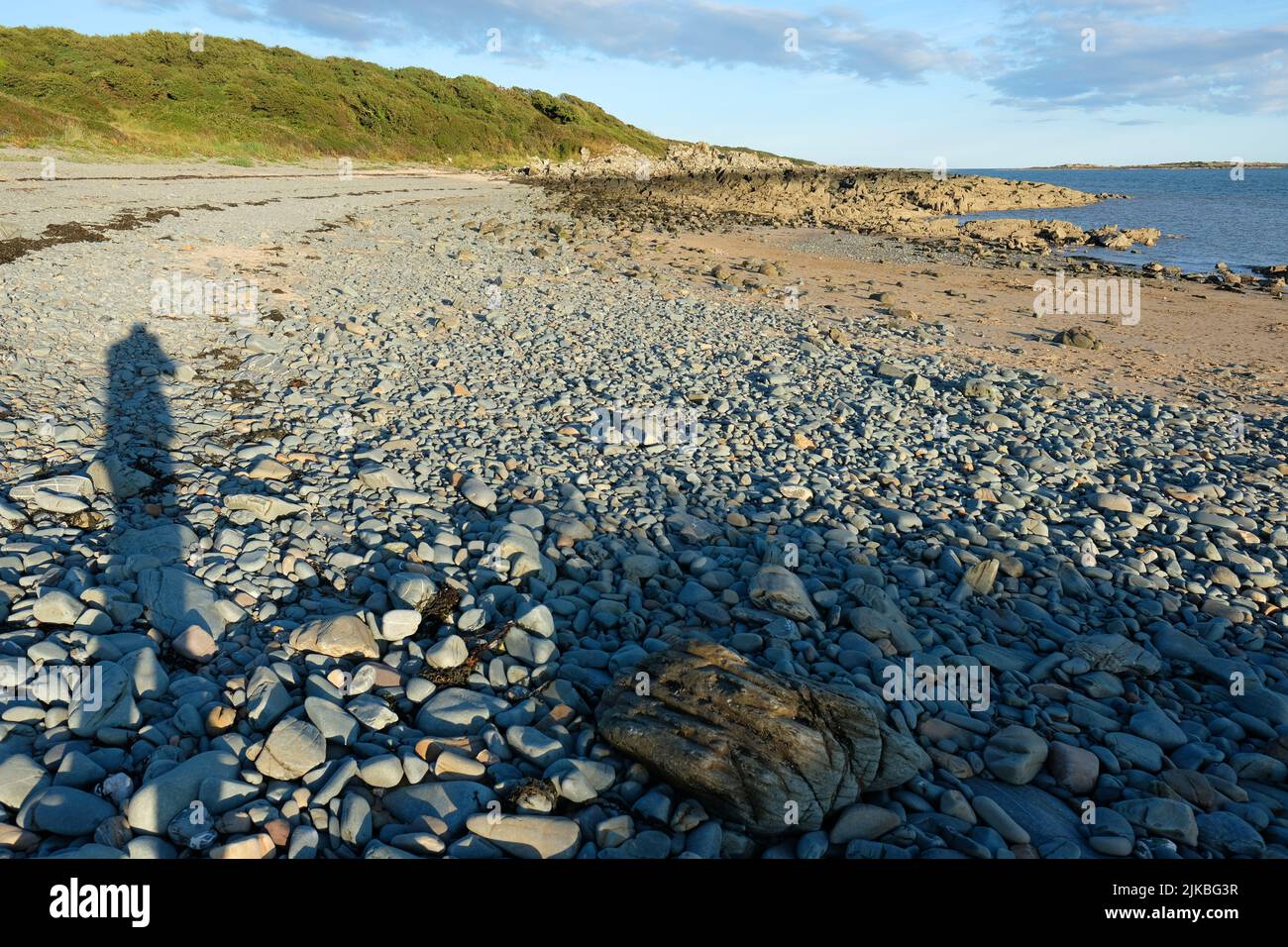 Persona che scatta una foto di Carrick Beach, Dumfries e Galloway, Scozia a fine luglio estate sera sole con silhouette alta Foto Stock