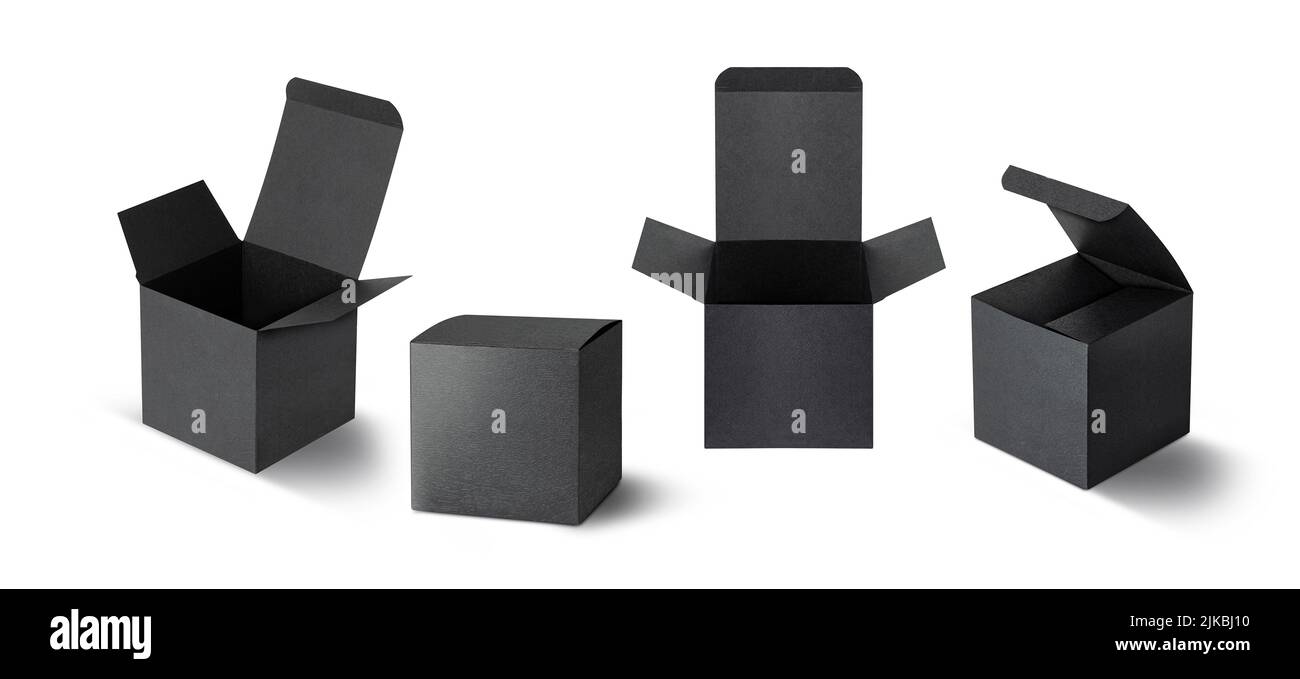 Set di scatola di cartone nero da regalo isolatedsu sfondo bianco. Con tracciato di ritaglio Foto Stock