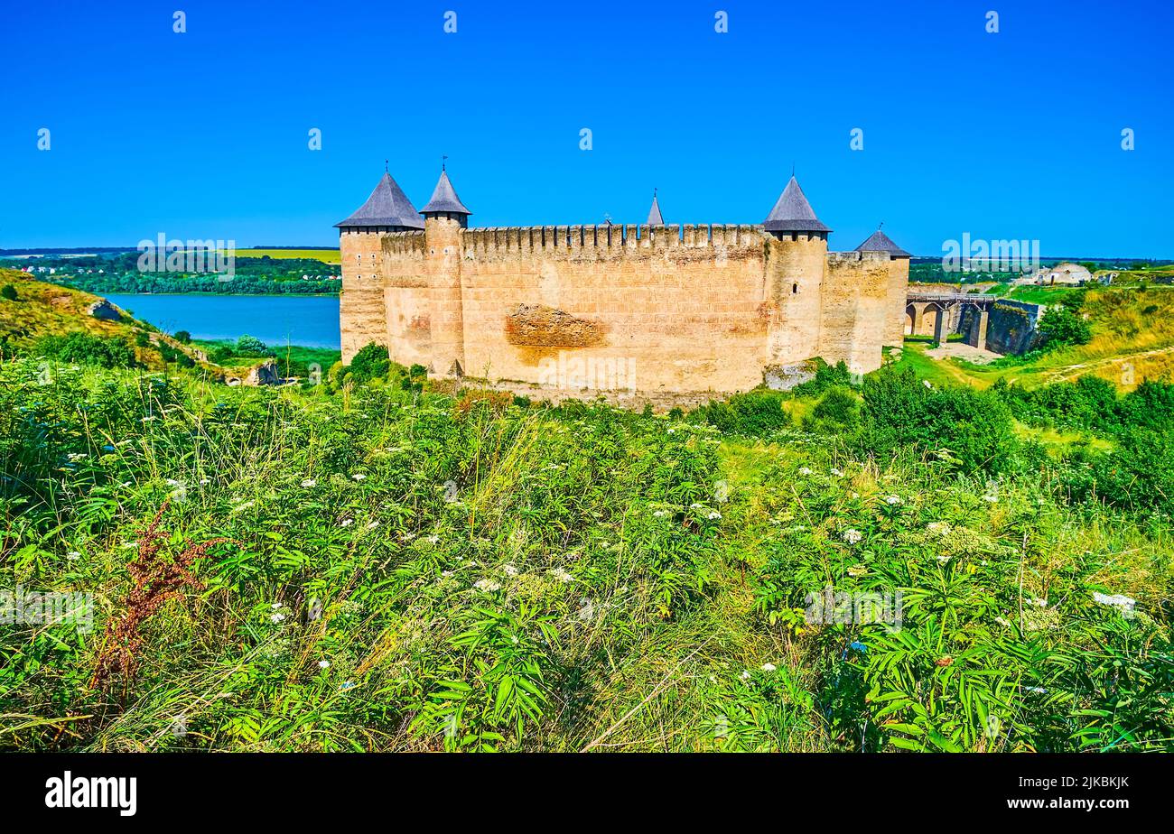I fiori e le erbe selvatiche, che ondeggiano nel vento, di fronte alla fortezza medievale di Khotyn, situata sulla riva del fiume Dniester, Ucraina Foto Stock