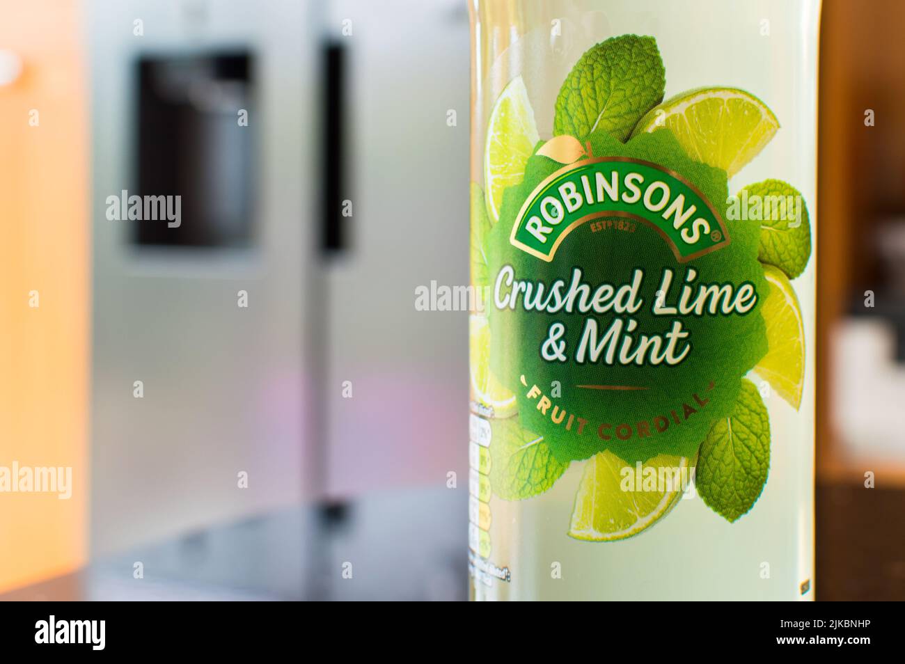 Robinsons schiacciato Lime e Mint Cordial concentrato bevanda in una bottiglia su un piano di cucina Foto Stock