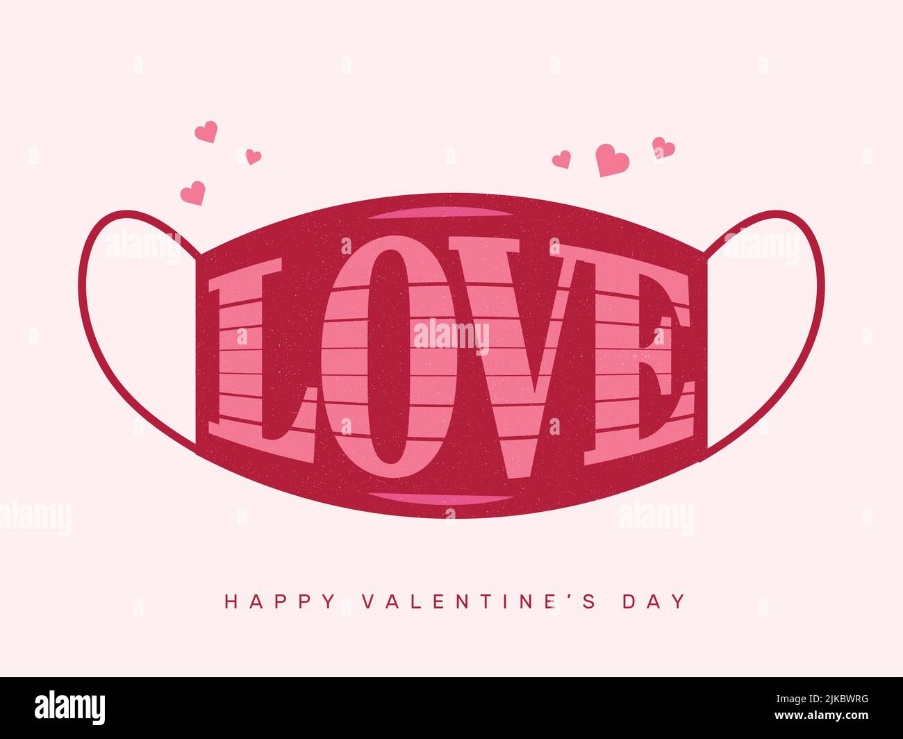Love Font maschera e cuori stampati su sfondo beige per felice San Valentino concetto. Illustrazione Vettoriale