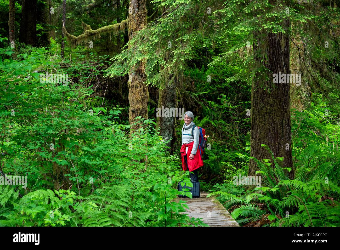 Una donna escursionista caucasica che posa in una lussureggiante vegetazione al Carmanah Walbran Provincial Park Foto Stock