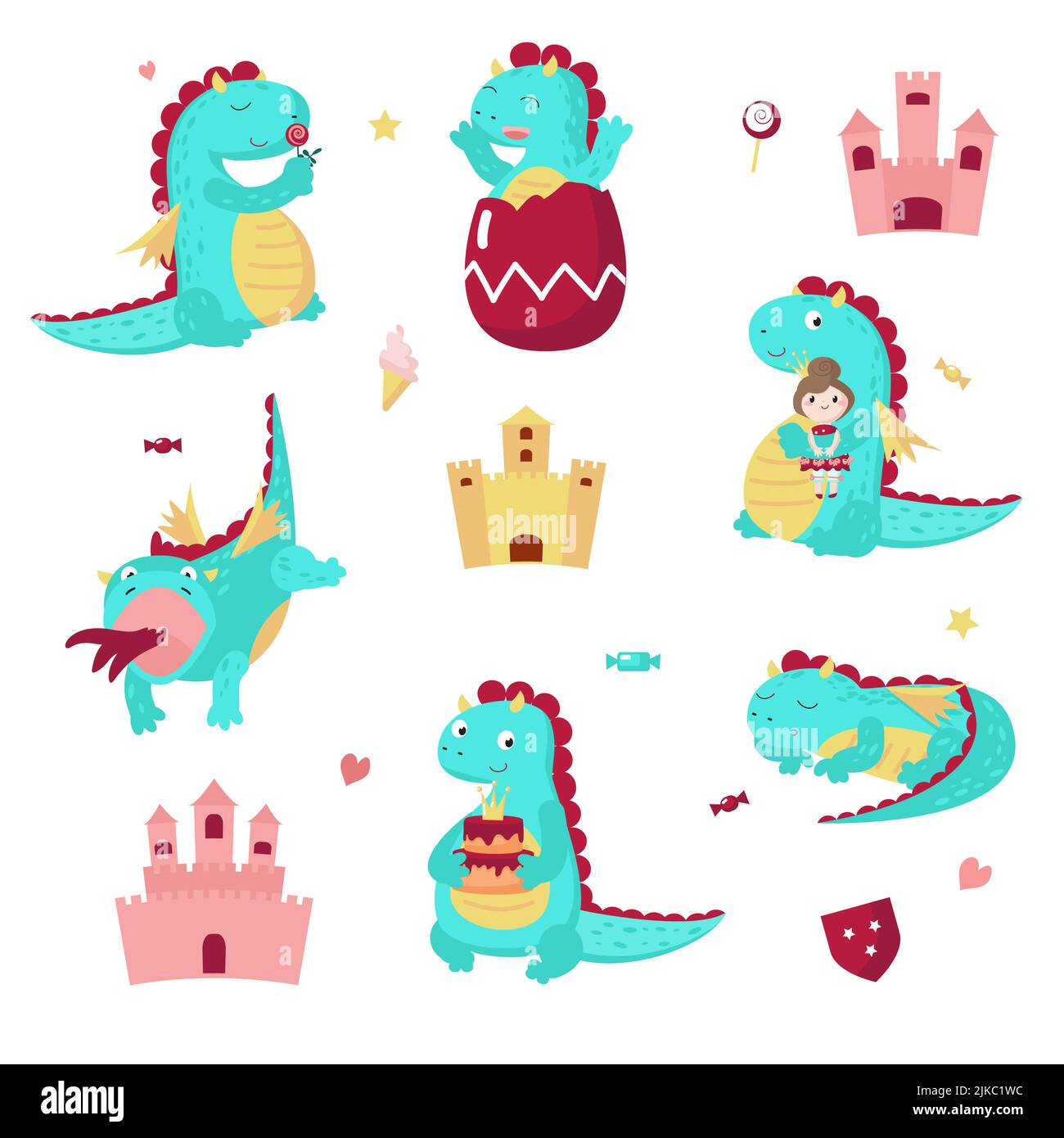 Carino set di icone drago, illustrazione vettoriale isolato su sfondo bianco. Fumetto medievale fiabesco. Divertente creatura mitica che tiene la torta e. Illustrazione Vettoriale