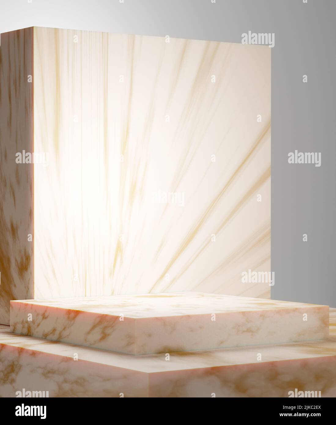 Podio vuoto in marmo color crema. Piattaforma a piedistallo. Concetto di rendering per gioielli o prodotti cosmetici. 3D illustrazione. Foto Stock