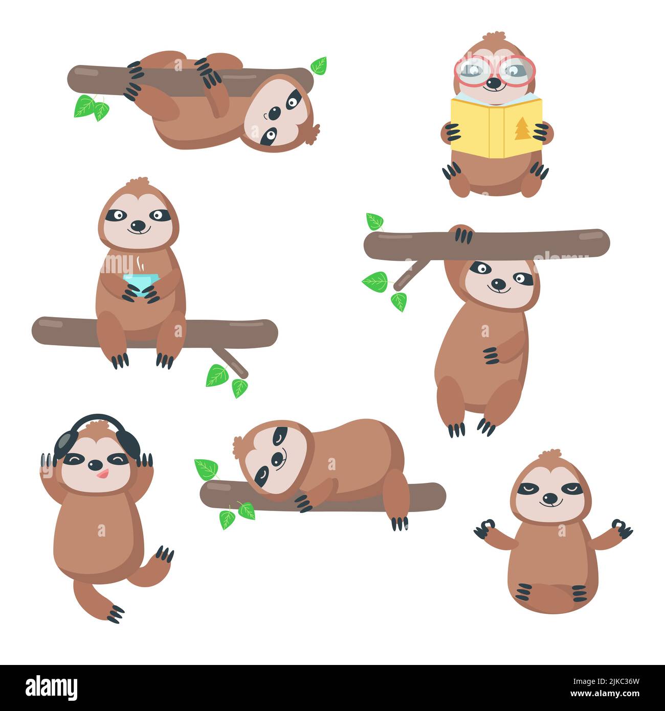 Simpatico set di icone sloth. Illustrazione vettoriale isolata su sfondo bianco. Divertenti slots pigri appesi capovolti dal ramo, dormire, leggere libro, lista Illustrazione Vettoriale