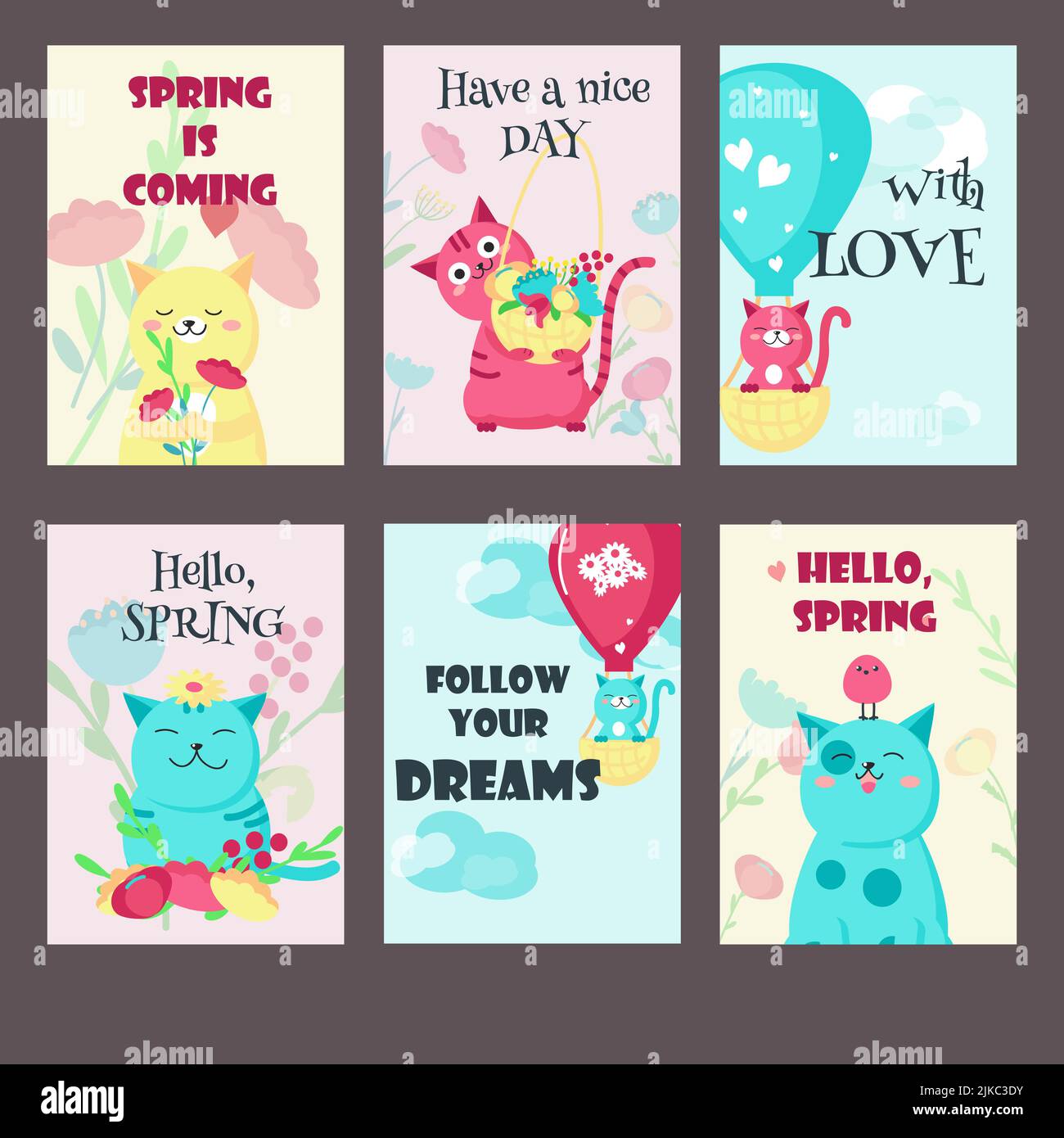 Set vettoriale di carte primavera con gatti carini e citazioni ispiratrici. Gattini felici che volano su ballon ad aria calda, tenendo un cesto pieno di fiori, con b Illustrazione Vettoriale