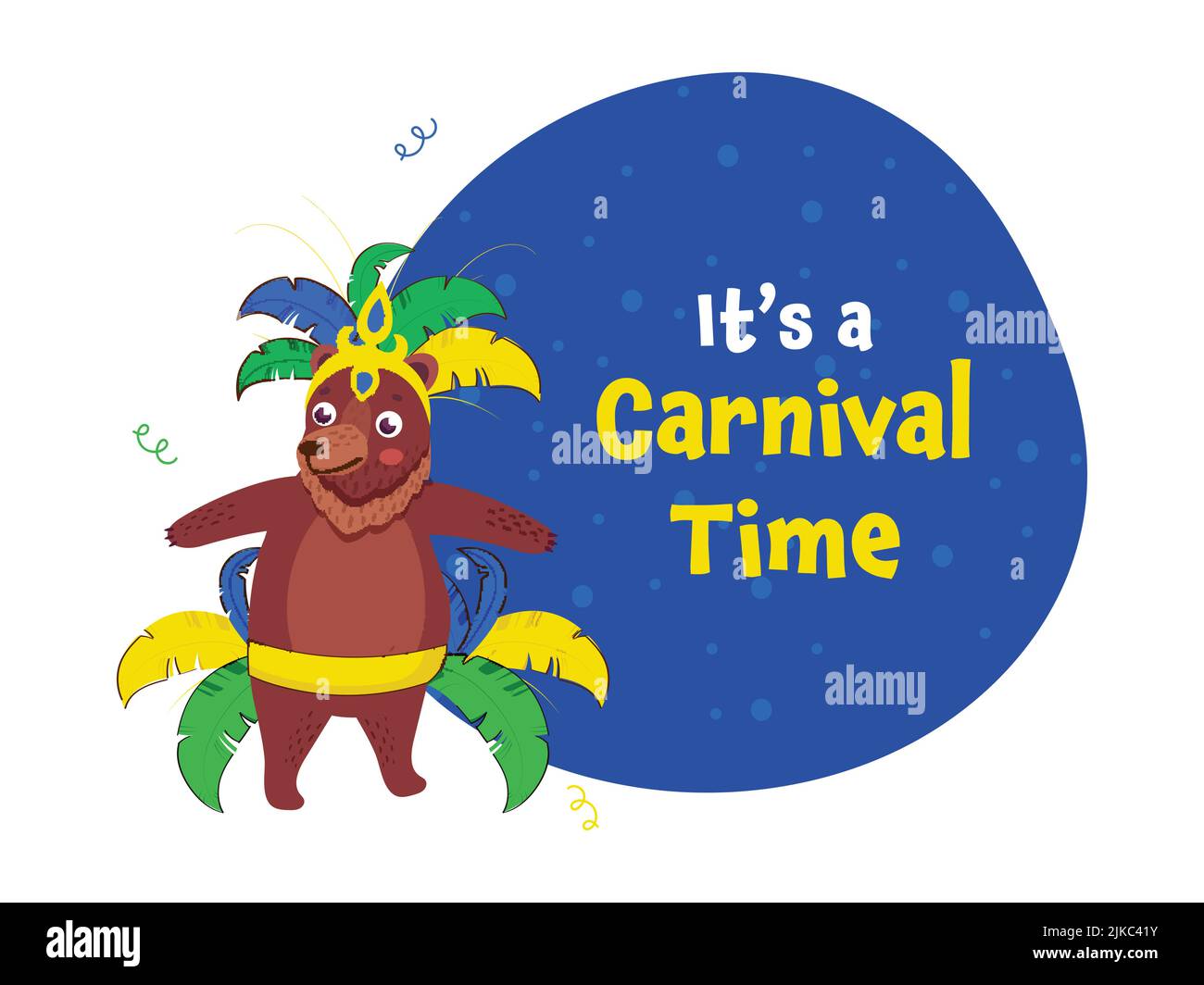 Si tratta Di un Carnival Time Font con cartoon Bear che indossa headdress su sfondo blu e bianco. Illustrazione Vettoriale