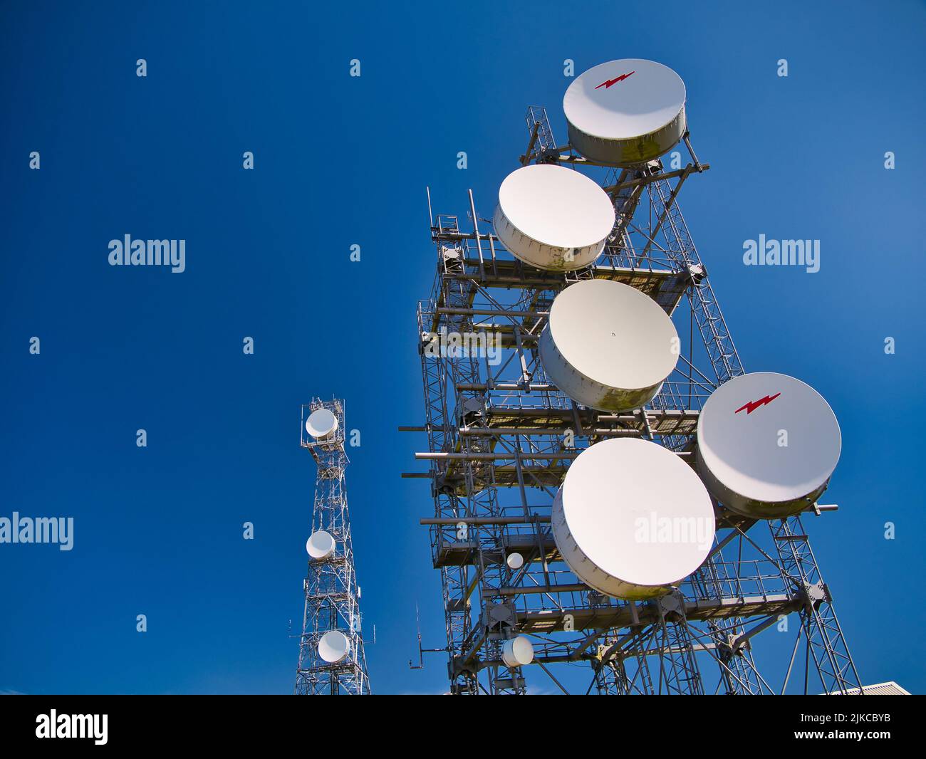 Microonde di comunicazione piatti su una torre sulla collina del Ward di Scousburgh nel sud Shetland, Regno Unito. In una giornata di sole con un cielo blu chiaro. Foto Stock