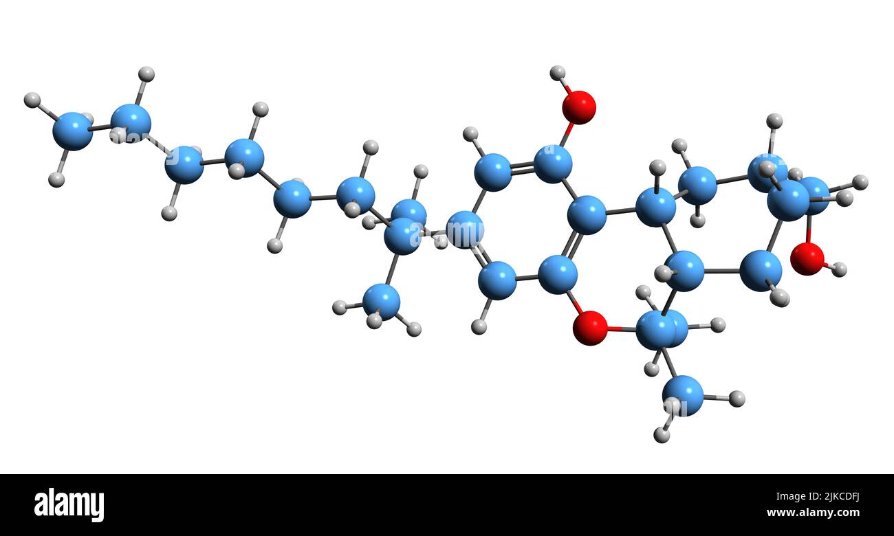 3D immagine della formula scheletrica HU-210 - struttura chimica molecolare del cannabinoide sintetico isolato su sfondo bianco Foto Stock