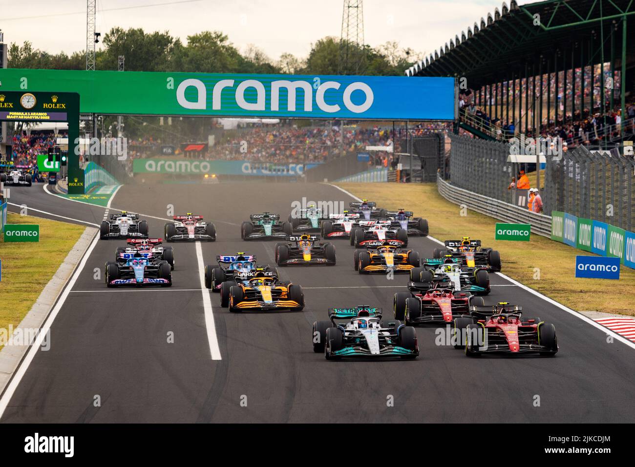 Inizio della gara durante la Formula 1 Aramco Magyar Nagydij 2022, Gran Premio d'Ungheria 2022, 12th round del Campionato Mondiale di Formula uno FIA 2022 dal 28 al 31 luglio 2022 sull'Hungaroring, a Mogyorod, Ungheria - Foto: Joao Filipe / DPPI/DPPI/LiveMedia Foto Stock