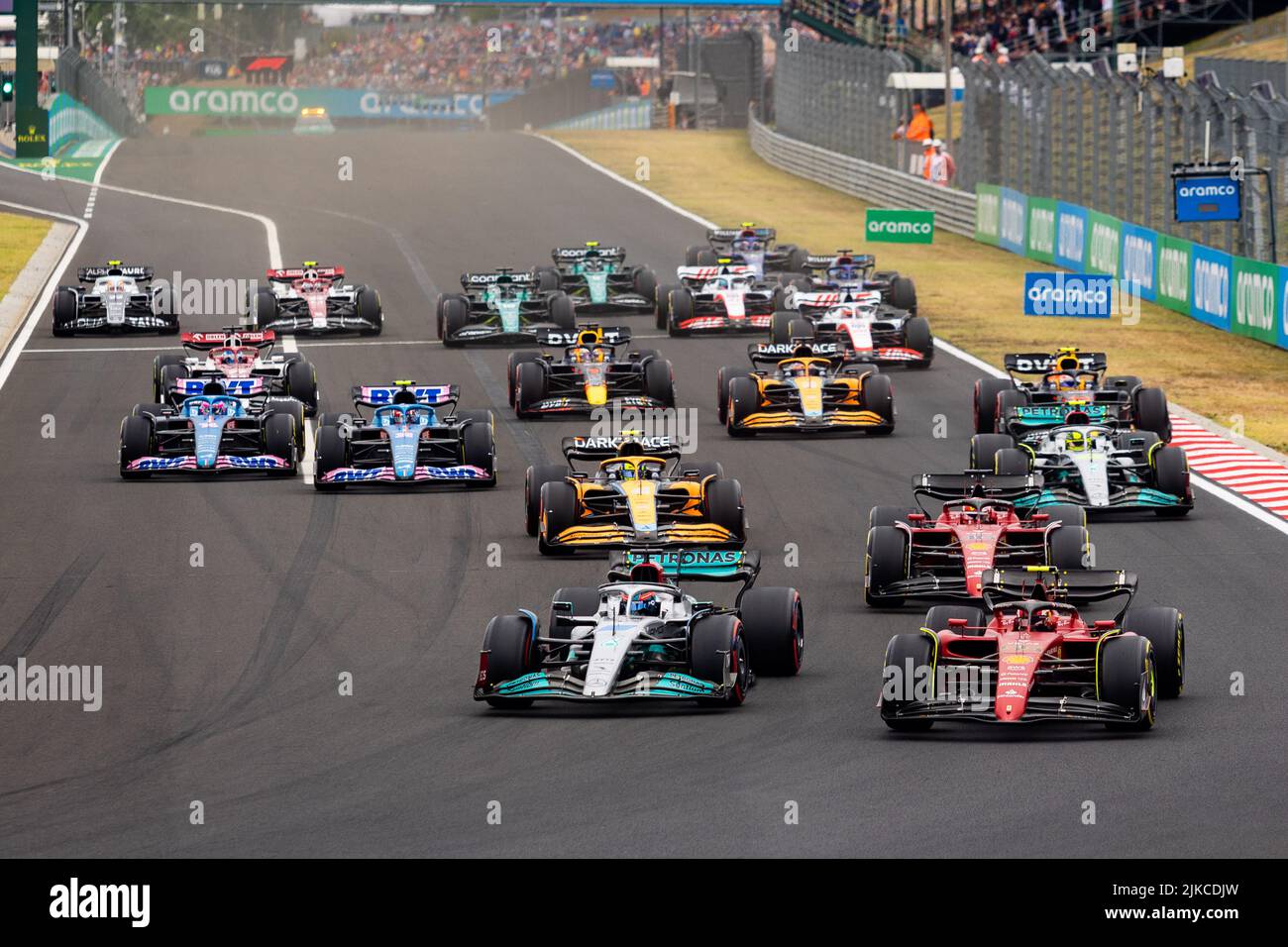 Inizio della gara durante la Formula 1 Aramco Magyar Nagydij 2022, Gran Premio d'Ungheria 2022, 12th round del Campionato Mondiale di Formula uno FIA 2022 dal 28 al 31 luglio 2022 sull'Hungaroring, a Mogyorod, Ungheria - Foto: Joao Filipe / DPPI/DPPI/LiveMedia Foto Stock