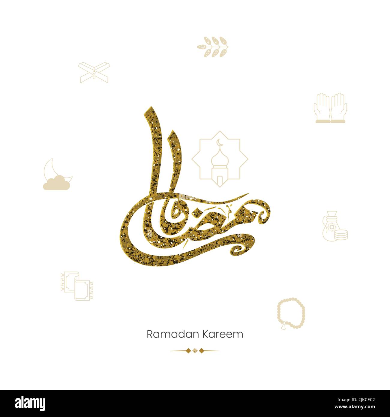 Calligrafia di Ramadan Kareem in lingua araba e icone islamiche su sfondo bianco. Illustrazione Vettoriale