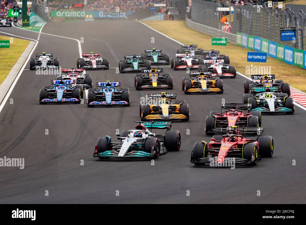 Inizio della gara durante la Formula 1 Aramco Magyar Nagydij 2022, Gran Premio d'Ungheria 2022, 12th round del Campionato Mondiale di Formula uno FIA 2022 dal 28 al 31 luglio 2022 sull'Hungaroring, a Mogyorod, Ungheria - Foto: Joao Filipe / DPPI/DPPI/LiveMedia Foto Stock