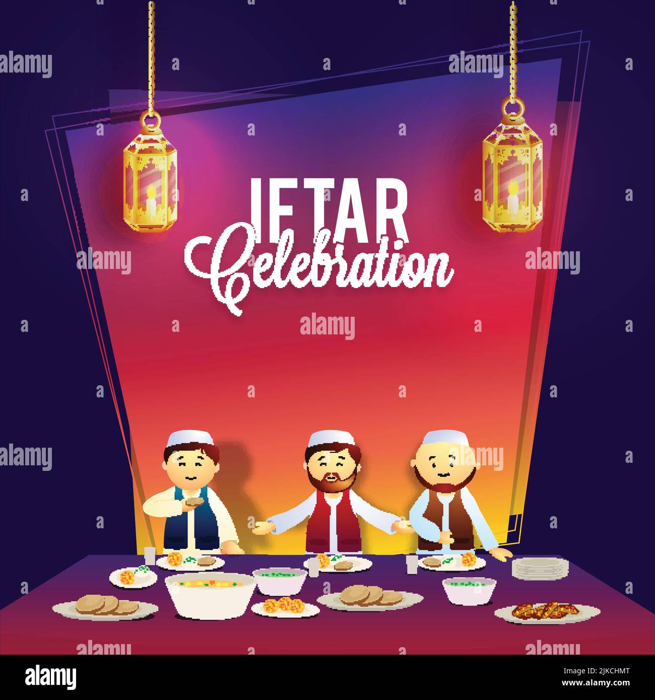 Ramadan Kareem, scheda di invito del Partito Iftar con illustrazione degli uomini musulmani che godono di cibo delizioso. Illustrazione Vettoriale