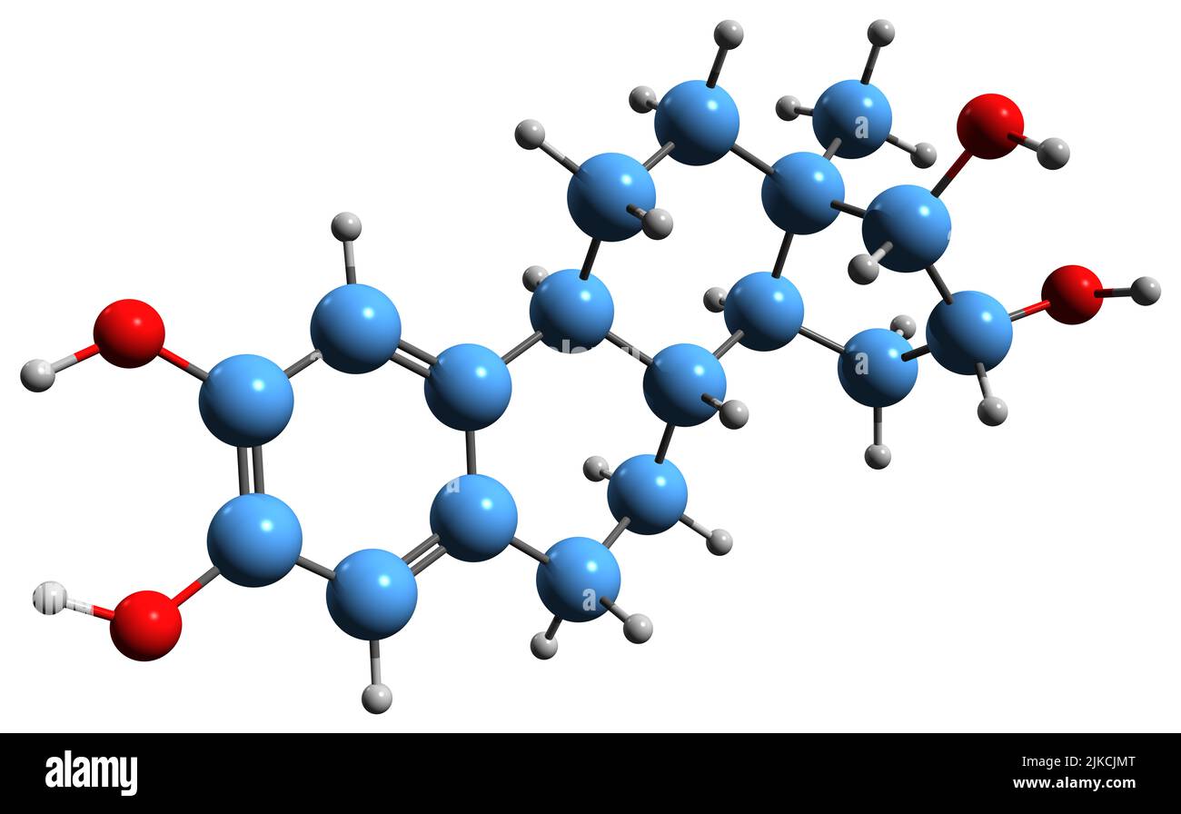 3D immagine di formula scheletrica di idrossiestriolo - struttura chimica molecolare di estrogeno di catecolo endogeno isolato su sfondo bianco Foto Stock