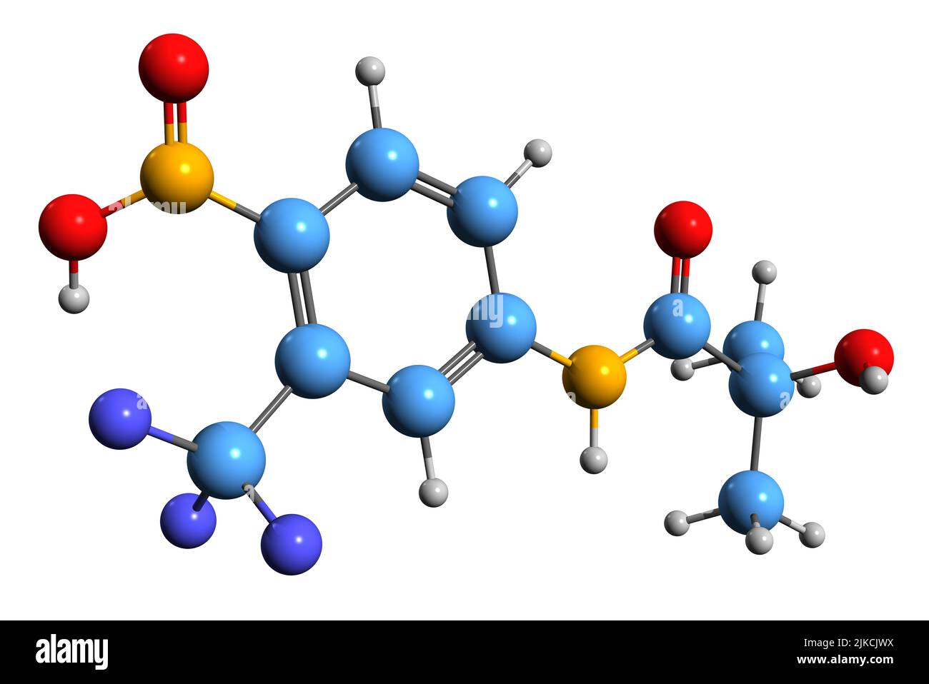 3D immagine della formula scheletrica di Hydroxyflutamide - struttura chimica molecolare di antiandrogeni non steroidei isolati su sfondo bianco Foto Stock