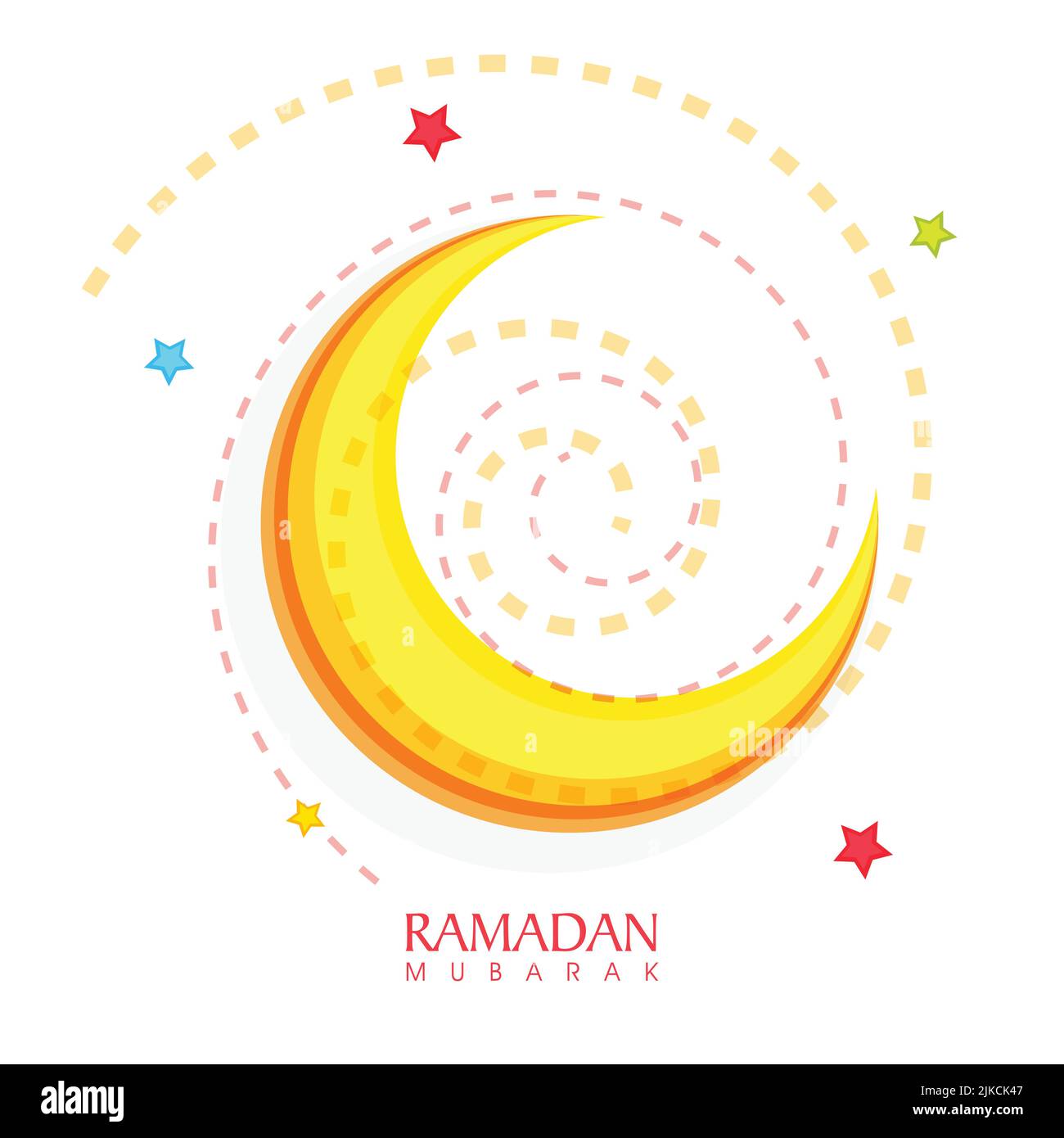Luna giallo Crescent su stelle colorate decorate su sfondo a spirale tratteggiato per il concetto di Ramadan Mubarak. Illustrazione Vettoriale