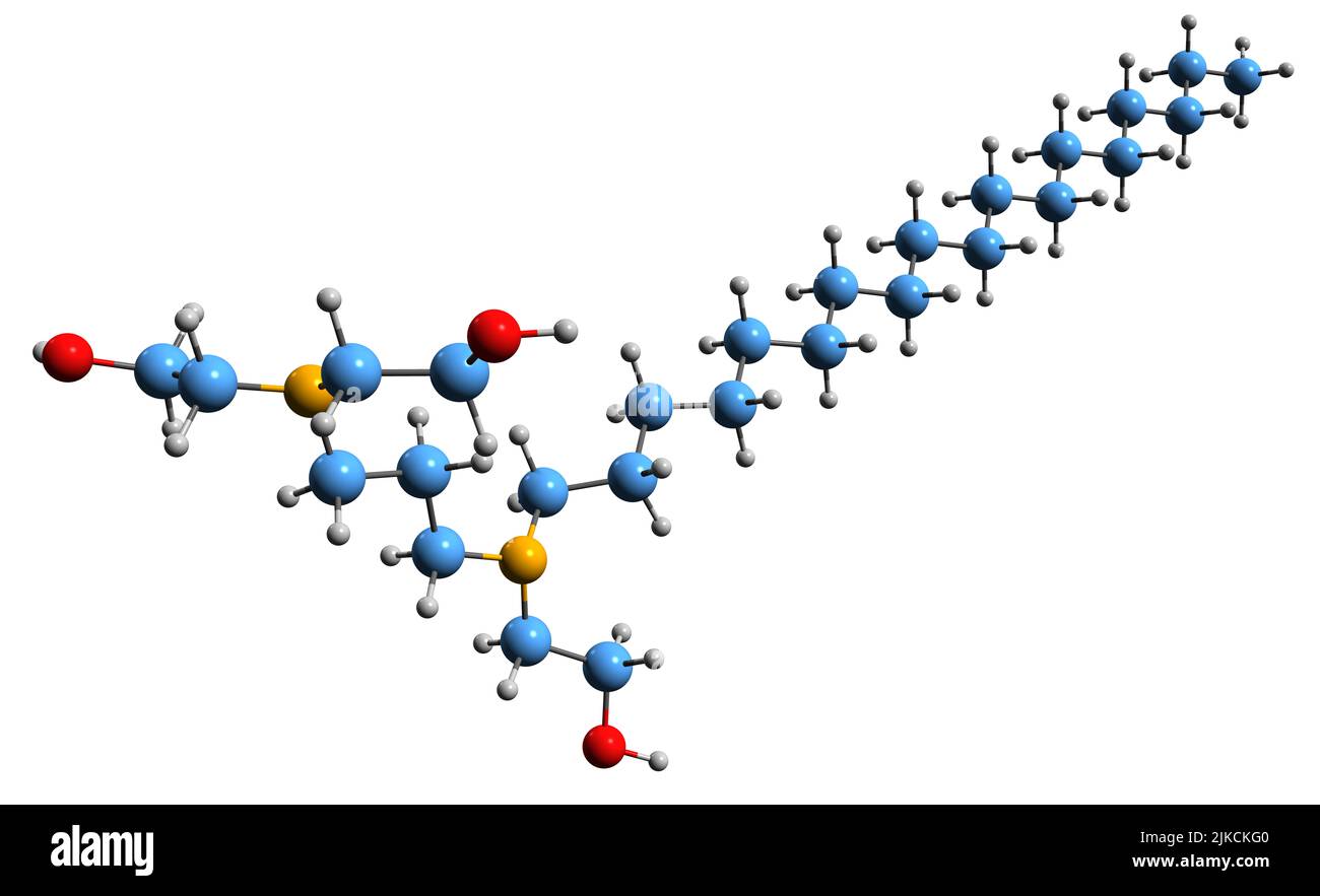 3D immagine della formula scheletrica di Olaflur - struttura chimica molecolare del fluoruro di ammina 297 isolato su sfondo bianco Foto Stock