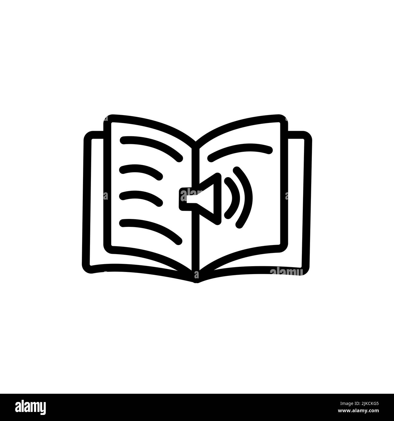 Libro nero con altoparlante volume, icona audiolibro, segno di stile lineare per concetto mobile e web design. Illustrazione Vettoriale