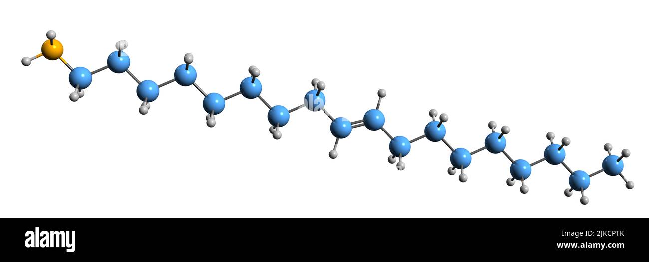 3D immagine di oleilammina di formula scheletrica - struttura chimica molecolare di ammina grassa insatura isolata su sfondo bianco Foto Stock