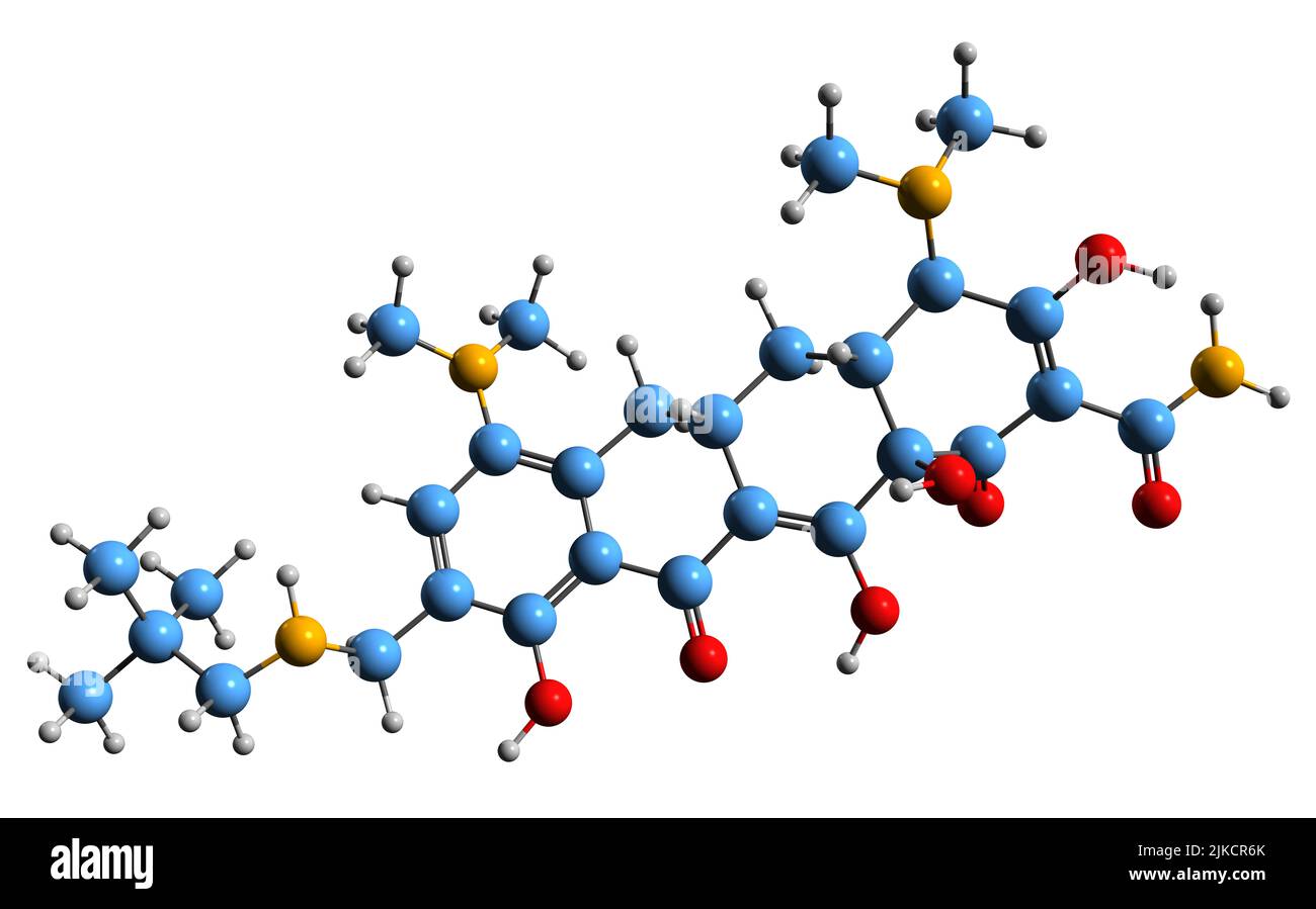 3D immagine di Omadaciclina formula scheletrica - struttura chimica molecolare di antibiotico ad ampio spettro isolato su sfondo bianco Foto Stock