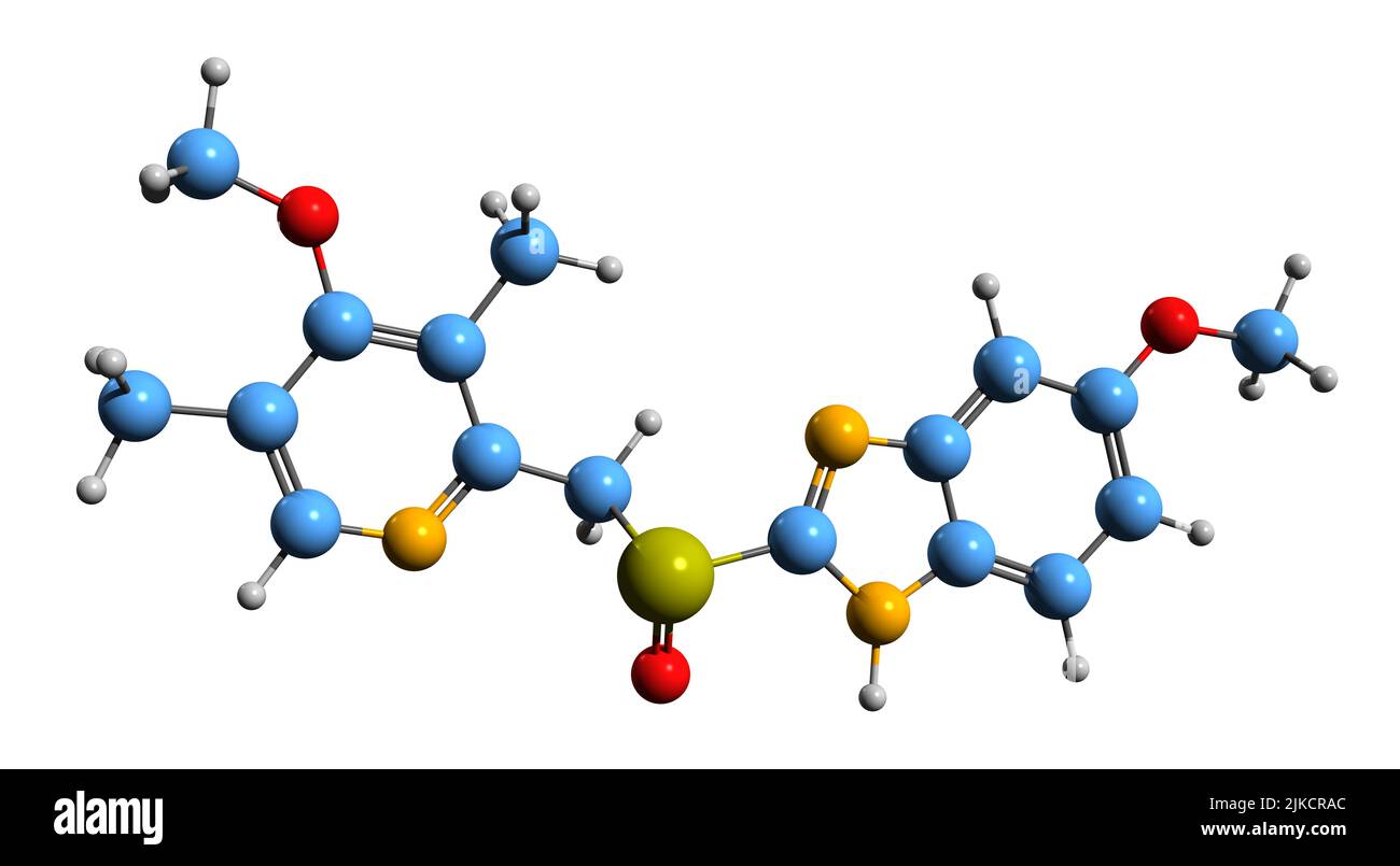 3D immagine della formula scheletrica di Omeprazolo - struttura chimica molecolare del farmaco della malattia da reflusso gastroesofageo isolato su sfondo bianco Foto Stock