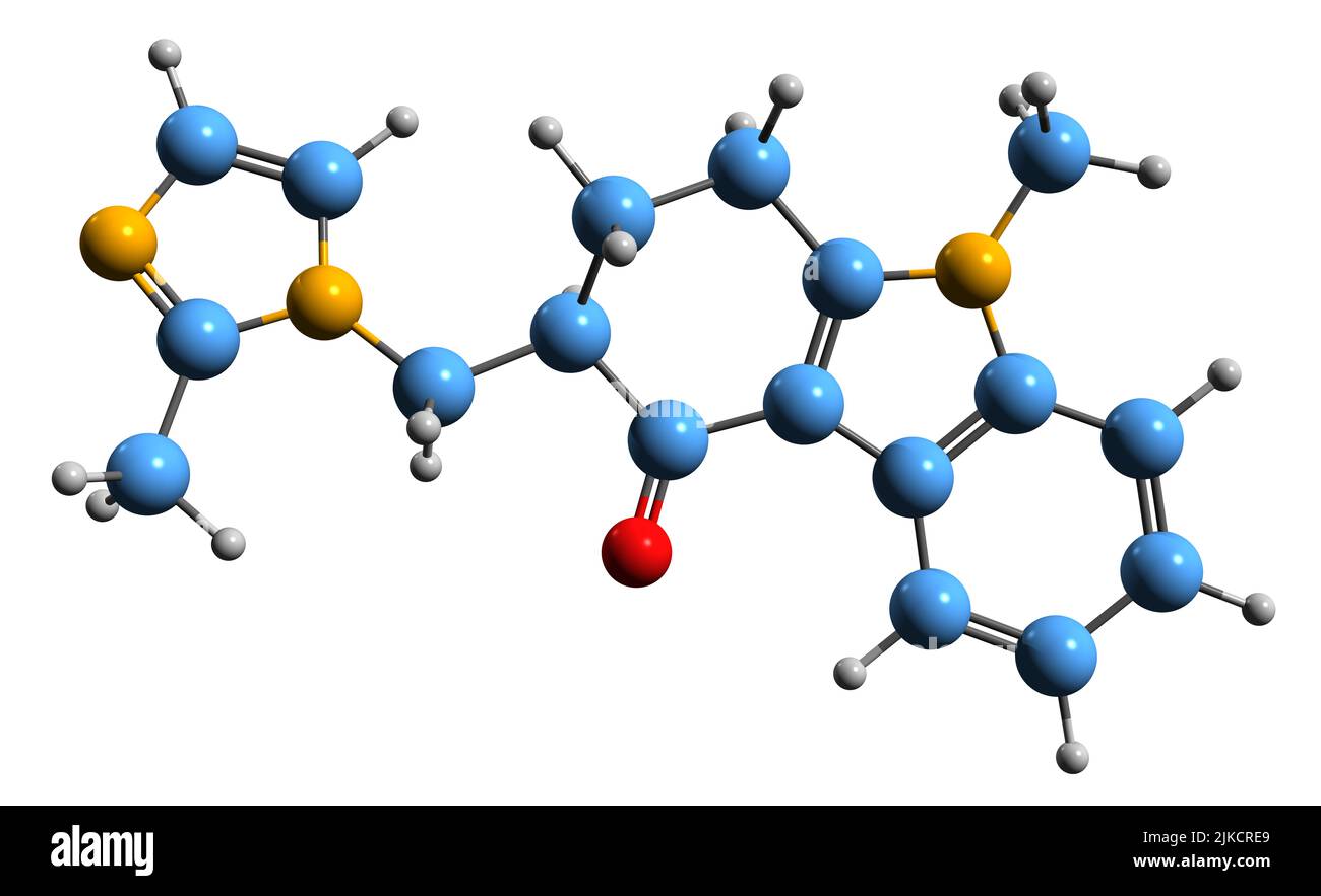 3D immagine di Ondansetron formula scheletrica - struttura chimica molecolare di nausea e vomito farmaco isolato su sfondo bianco Foto Stock