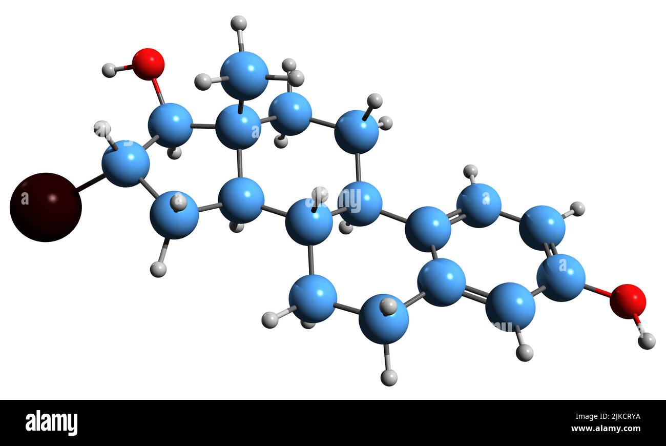 3D immagine di iodoestradiolo formula scheletrica - struttura chimica molecolare di estrogeni steroidei sintetici isolati su sfondo bianco Foto Stock